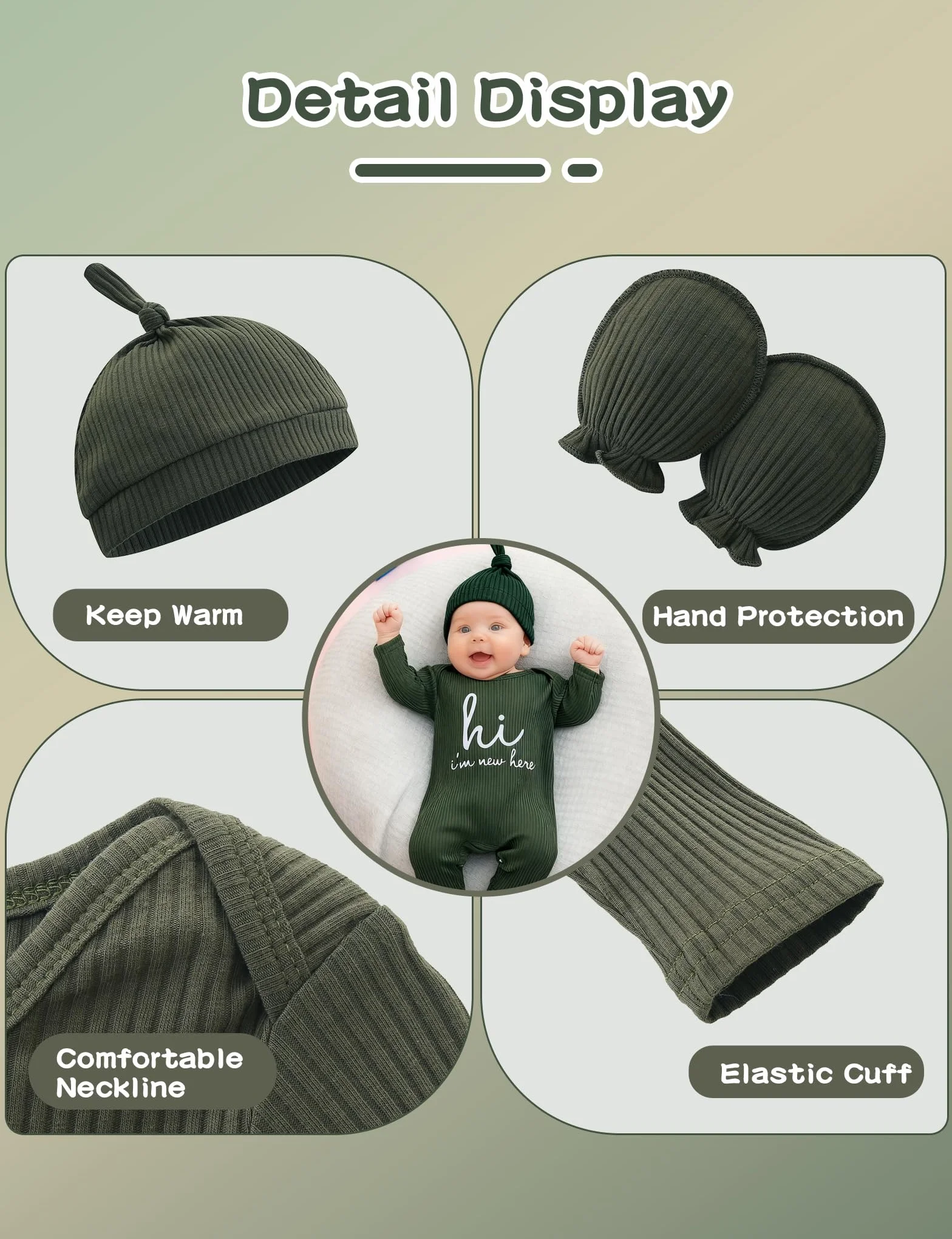 Unisex noworodek onesie prążkowane śpioszki dla małych dzieci z długim rękawem Pjs Jumpsuit kapelusz i rękawiczki