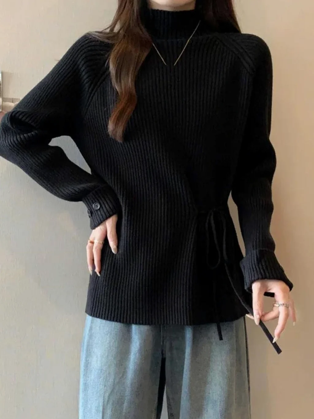 Sweter Damski Z Dzianiny, Z Półwysokim Dekoltem, Sznurowany, Z Długim Rękawem, Luźny, Swobodny, W Stylu Koreańskim-Black-Medium