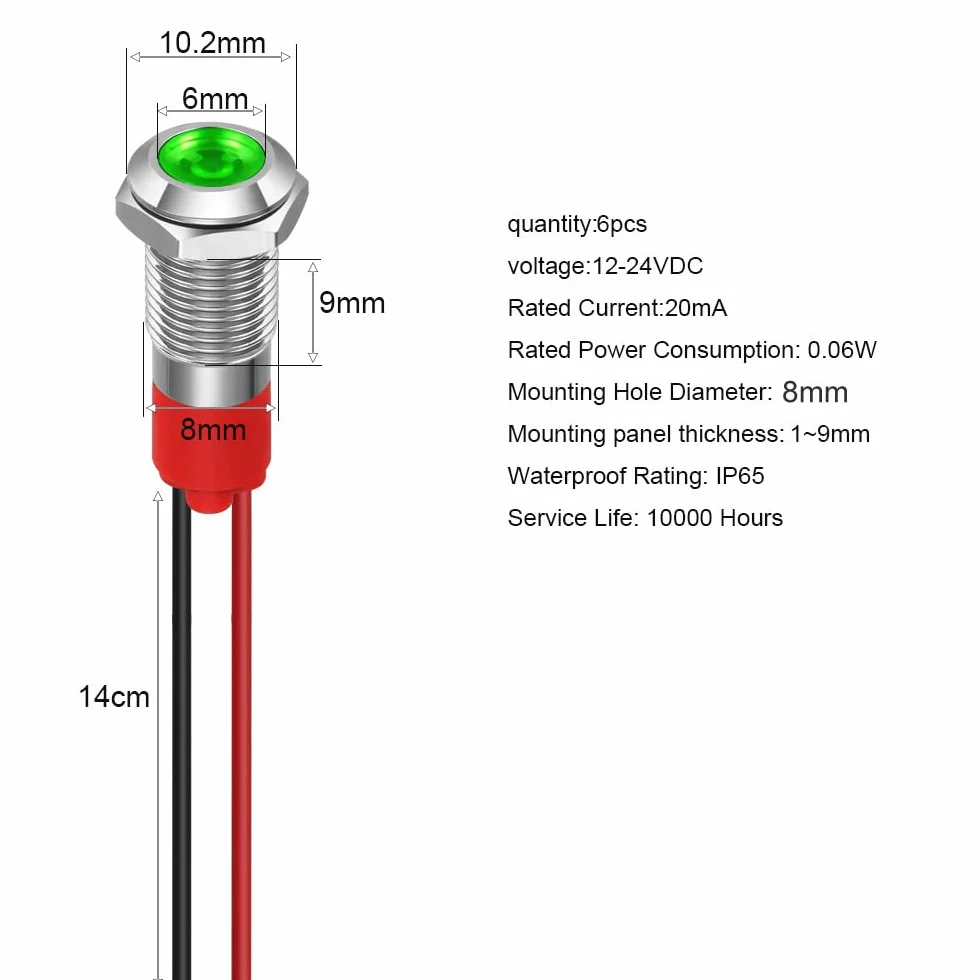 GUUZI 8mm Lampka Kontrolna LED 12-24V Wodoodporna Lampka Sygnalizacyjna Panel Metalowy Wskaźnik LED Lampka Sygnalizacyjna Mocowanie Panelu Głowica Płaska z Przewodami Srebrny Skorupa(Zielony, 6 szt)