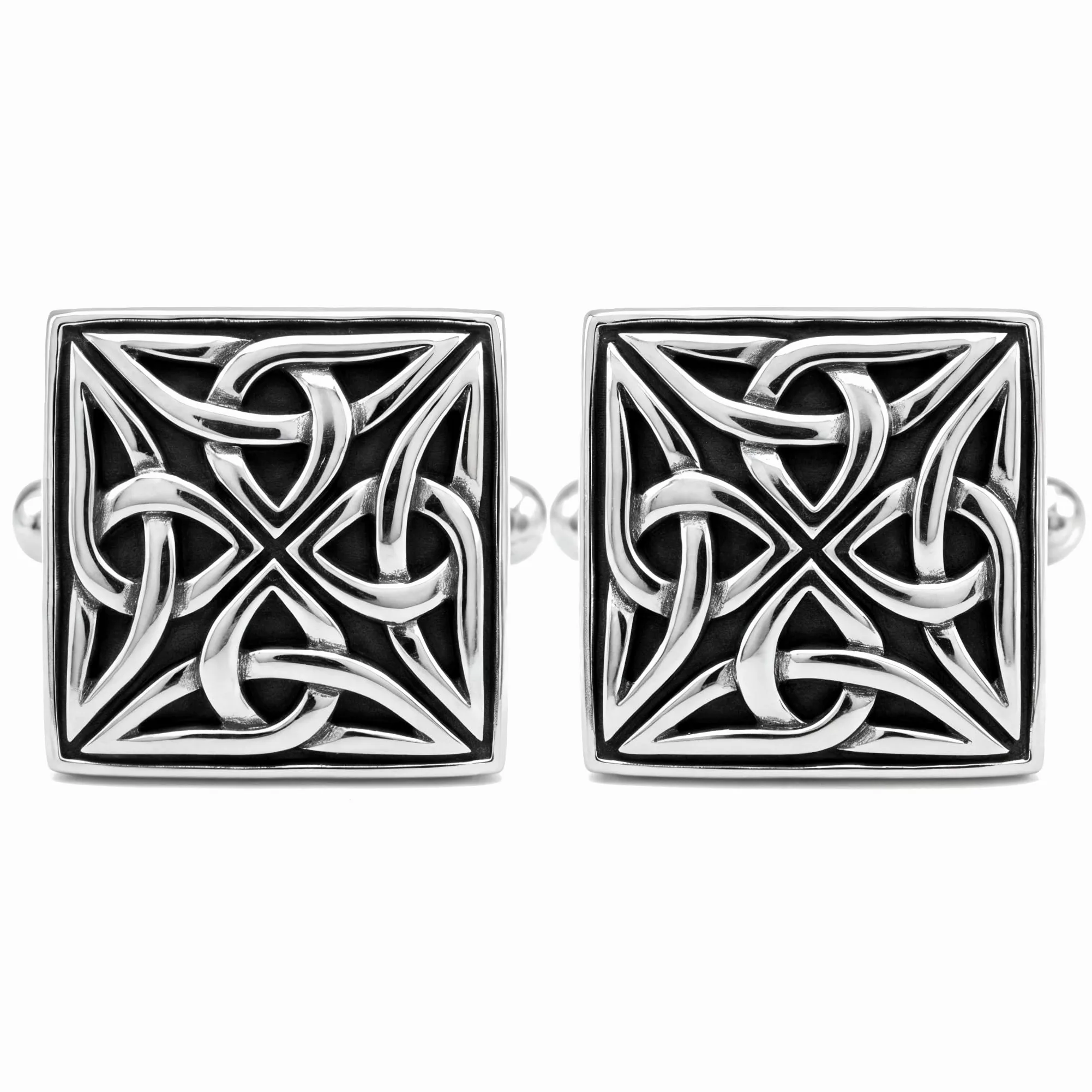 Alexander Castle 925 srebro wysokiej próby oksydowane celtyckie spinki do mankietów dla mężczyzn – kwadratowe 15 mm x 15 mm celtyckie spinki do mankietów Trinity w pudełku prezentowym