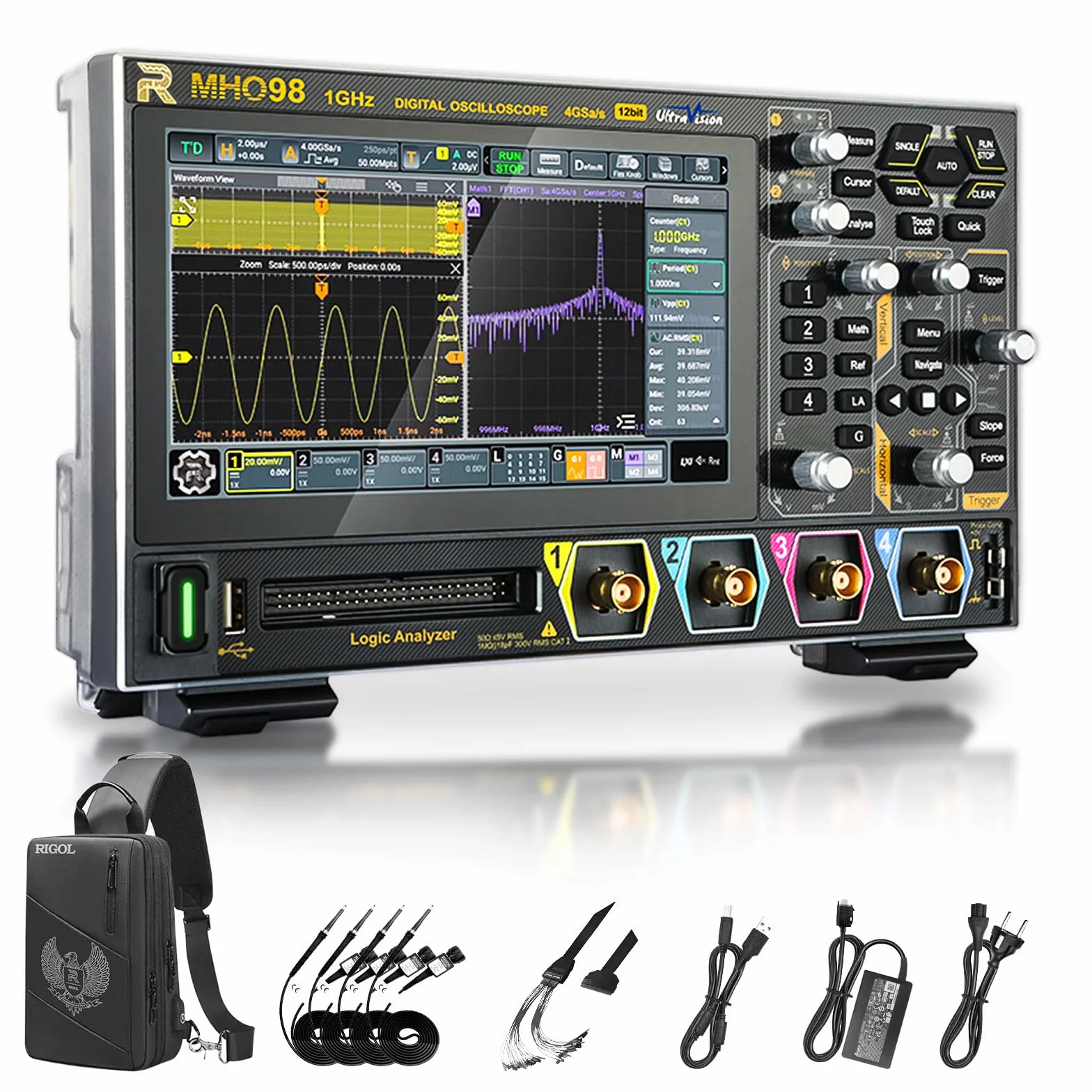 RIGOL MHO98 Oscyloskop Cyfrowy, 1GHz, 4GSa/s, 12-bit, 4+16 Kan., Wbudowany AFG, Wi-Fi & Bluetooth, Zasilanie Type-C, Ultra-przenośny