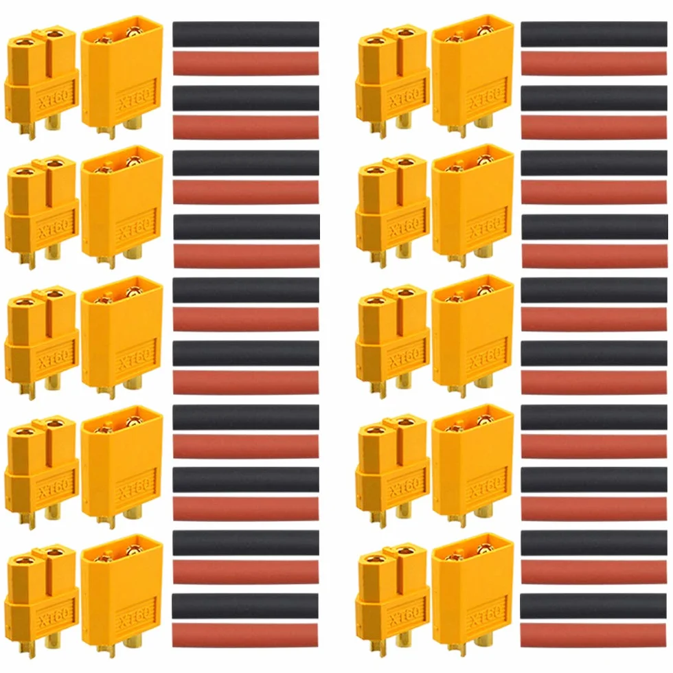 10 par Premium XT60 złącze akumulatora, męskie żeńskie złącze kulowe XT60, pozłacane złącze wtykowe z rurką termokurczliwą, do RC Lipo