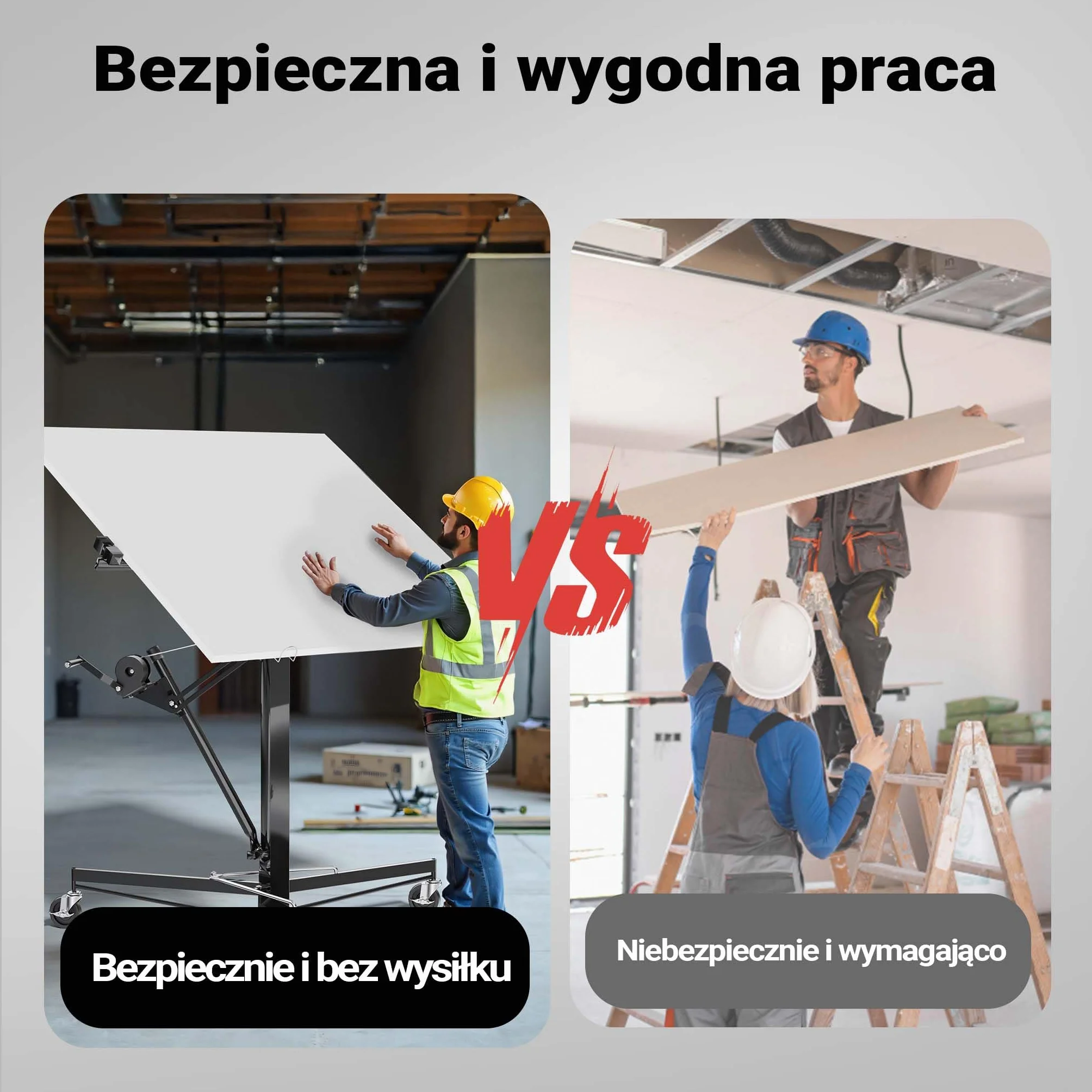 Podnośnik do paneli Wiltec XXL do maks. 68 kg, wysokość 140-350 cm, maks. szerokość 2,90 m, pomoc w montażu płyt kartonowo-gipsowych, obsługa przez 1 osobę, 3 koła z hamulcem postojowym, czarny