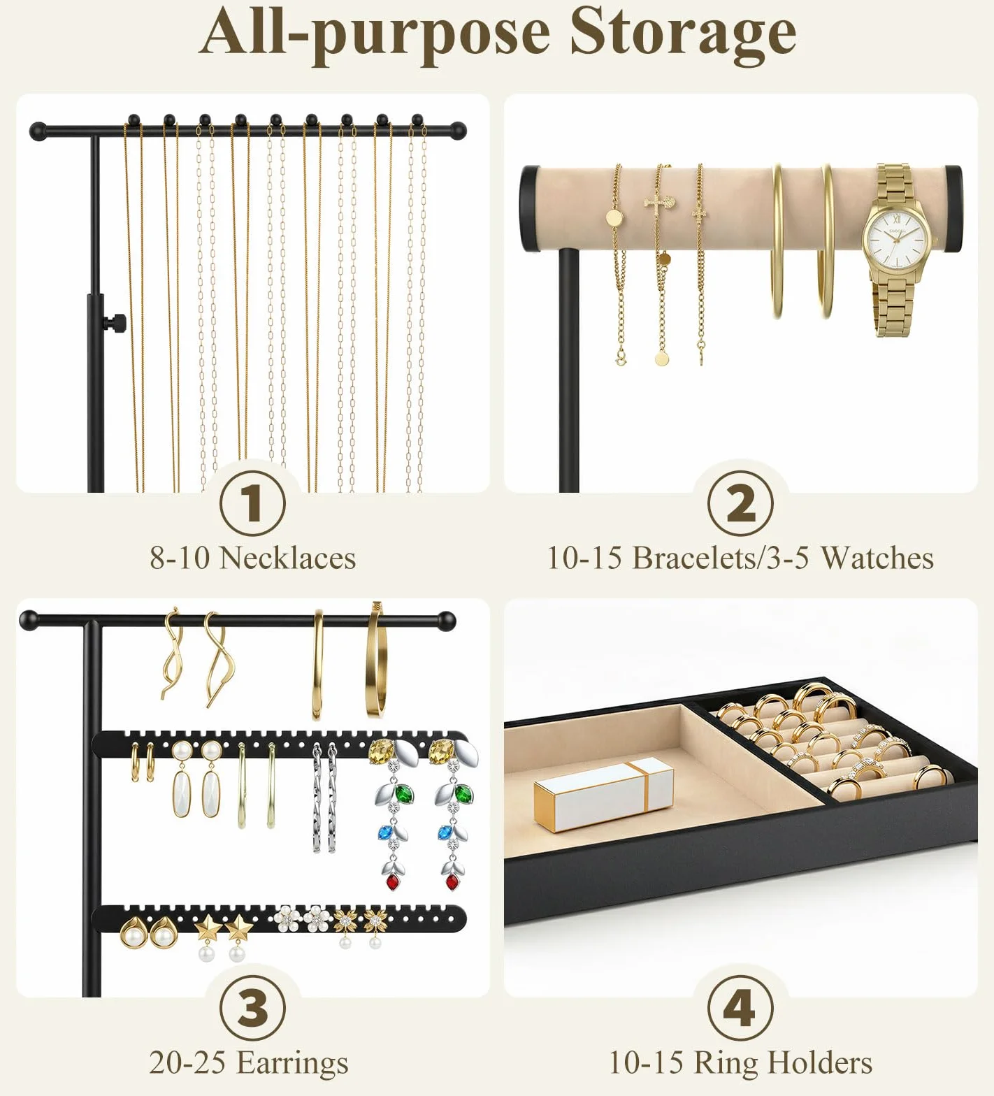 Emibele Necklace Holder, Jewelry Organizer Stand with Velvet Tray, Jewelry Organizer Tower for Earrings, Bracelets and Necklaces, Elegant Necklace Tower Accessory Storage Gifts for Women, Black