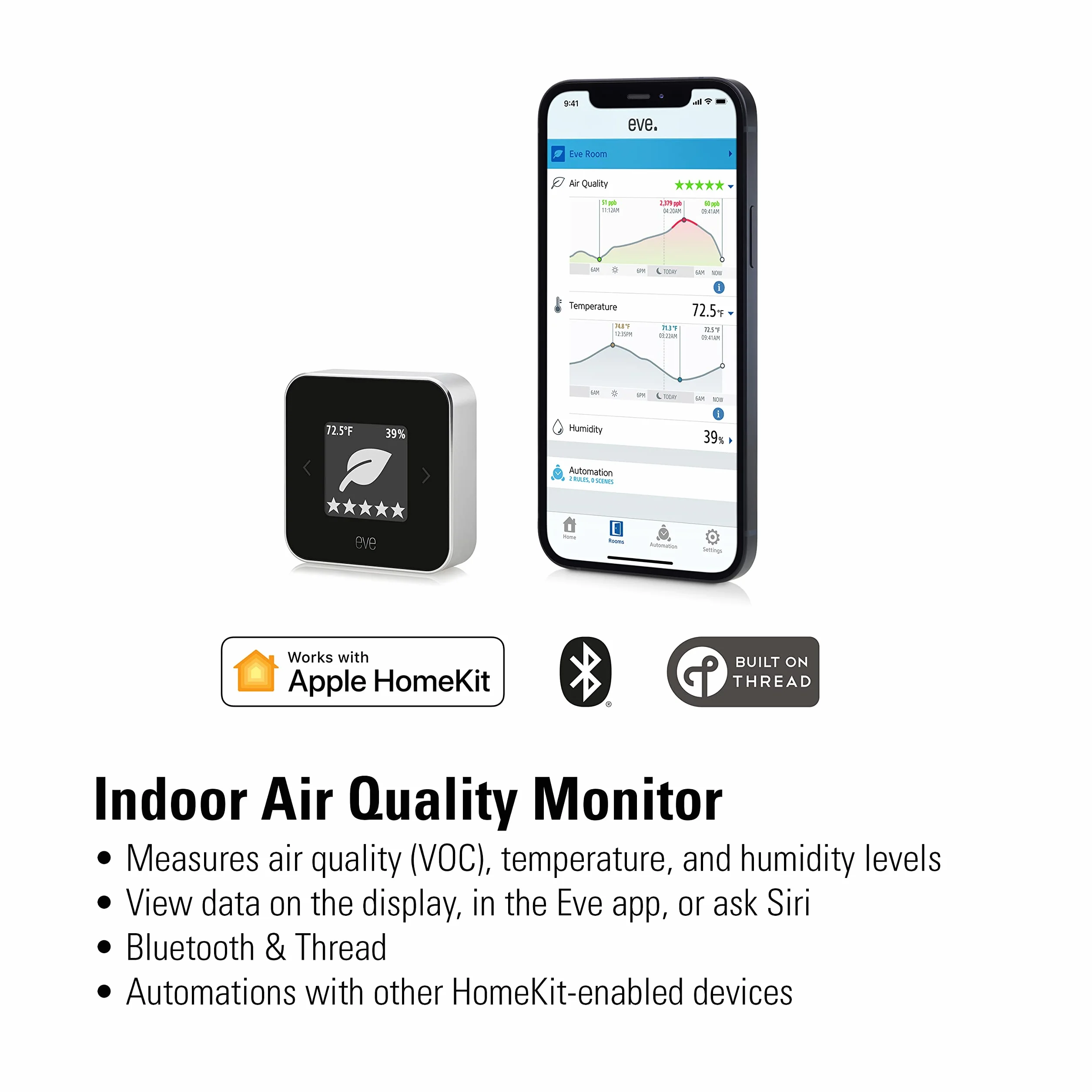 Eve Pomieszczenie: Czujnik jakości powietrza do monitorowania jakości powietrza (LZO), temperatury i wilgotności, technologia Apple HomeKit, Bluetooth, gwint