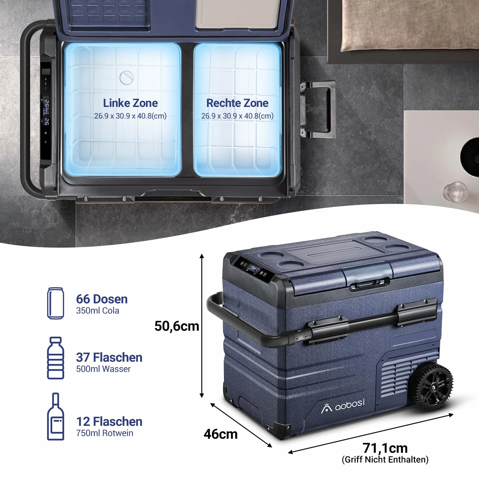 AAOBOSI 45 l kompresorowa lodówka podróżna Dual Zone, sterowana WiFi APP, obsługa dotykowa LED, złącze USB, 12/24 V i 100-240 V, do -20 °C, elektryczna lodówka do samochodu, ciężarówki, łodzi, kampera
