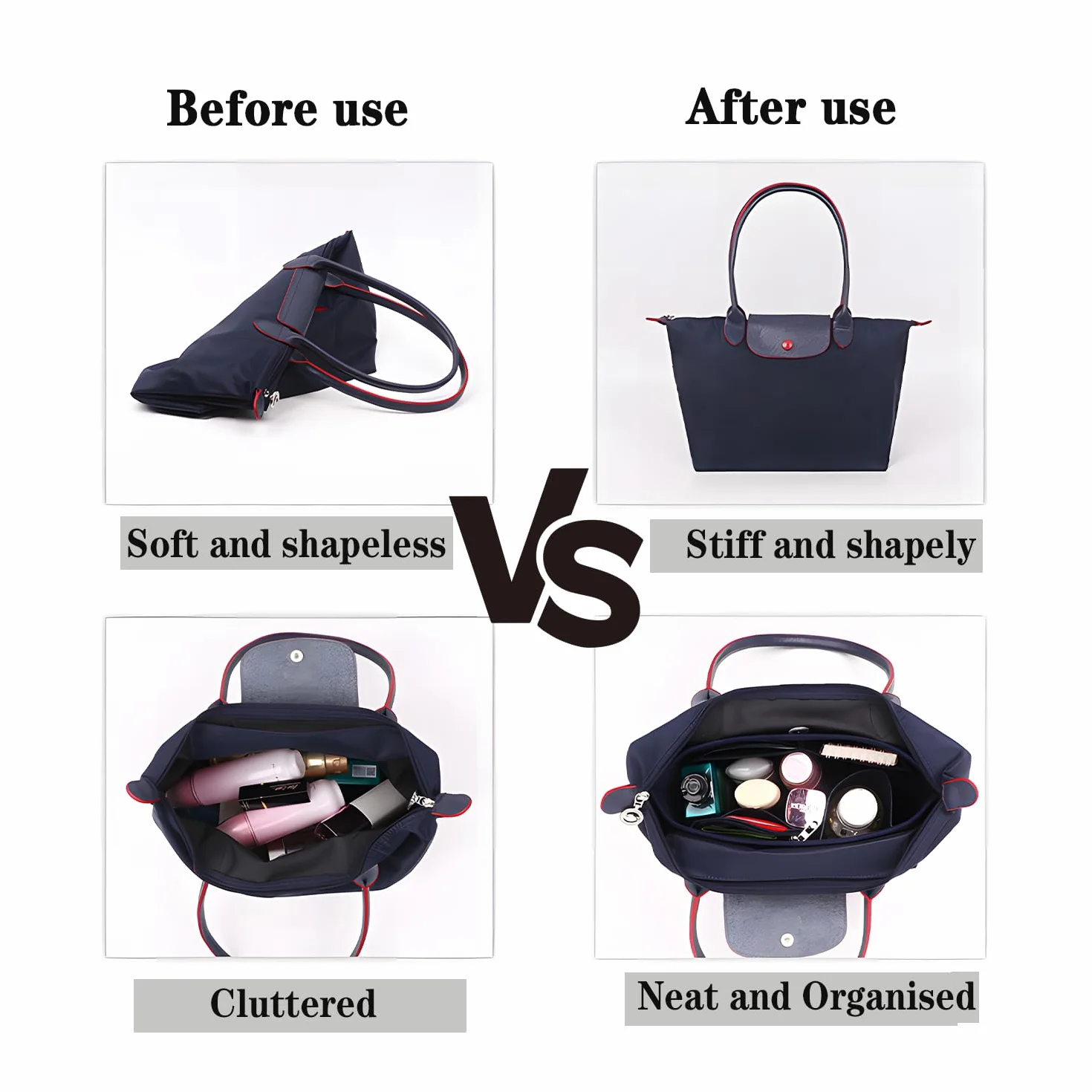Longchamp filcowy organizer na torebki z wieloma kieszeniami z zamkiem błyskawicznym, składana torba na ramię Longchamp (niebieski, L)