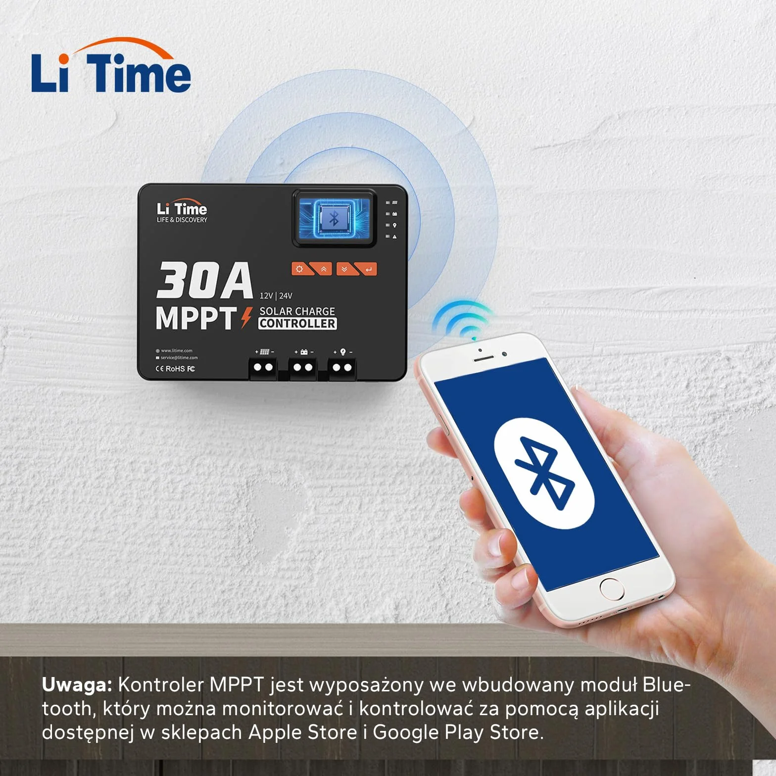 LiTime Regulator Ładowania Solarnego 30A, MPPT Solarny Regulator Ładowania 12V Dzięki Adapterowi Bluetooth, Regulowanemu Wyświetlaczowi LCD, Kontroler MPPT Nadaje Się do Użytku z Bateriami Litowymi
