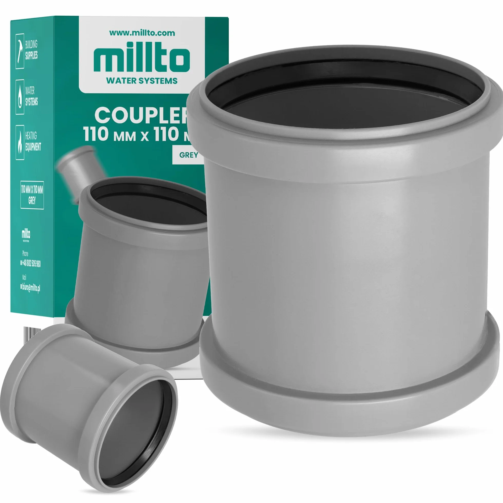 Millto Mufa rura kanalizacyjna 110 x 110 mm, szara, PP, połączenie, połączenie, system rur kanalizacyjnych, odporność chemiczna, z 2 gumowymi pierścieniami uszczelniającymi