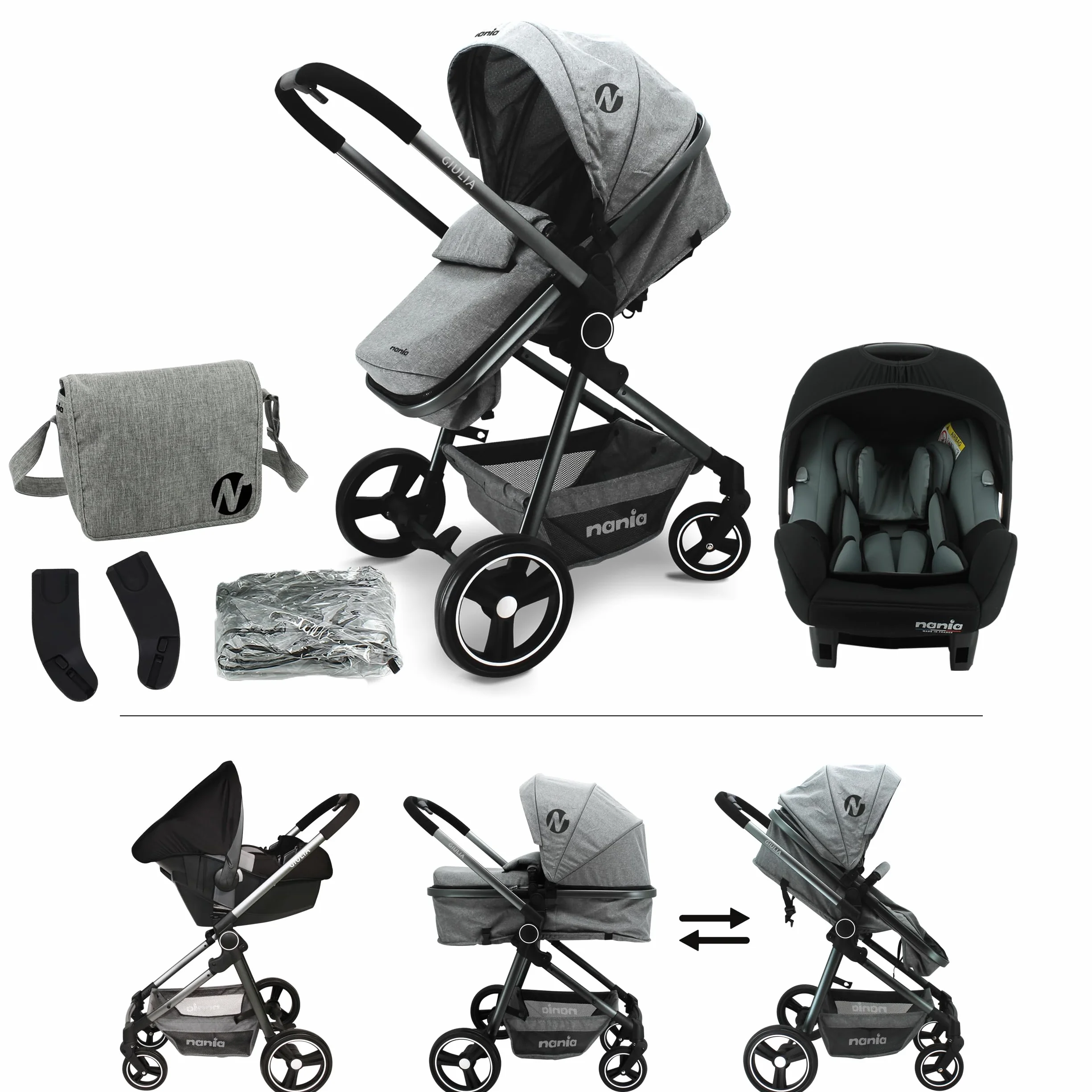 Nania GIULIA wózek kombi 3 w 1, wózek dziecięcy od 0 do 36 miesięcy, składany i odchylany + fotelik samochodowy BEONE EVO i-Size 40-85 cm - Grupa 0+ (0-13 kg), tył drogi + torba na pieluchy, pokrowiec