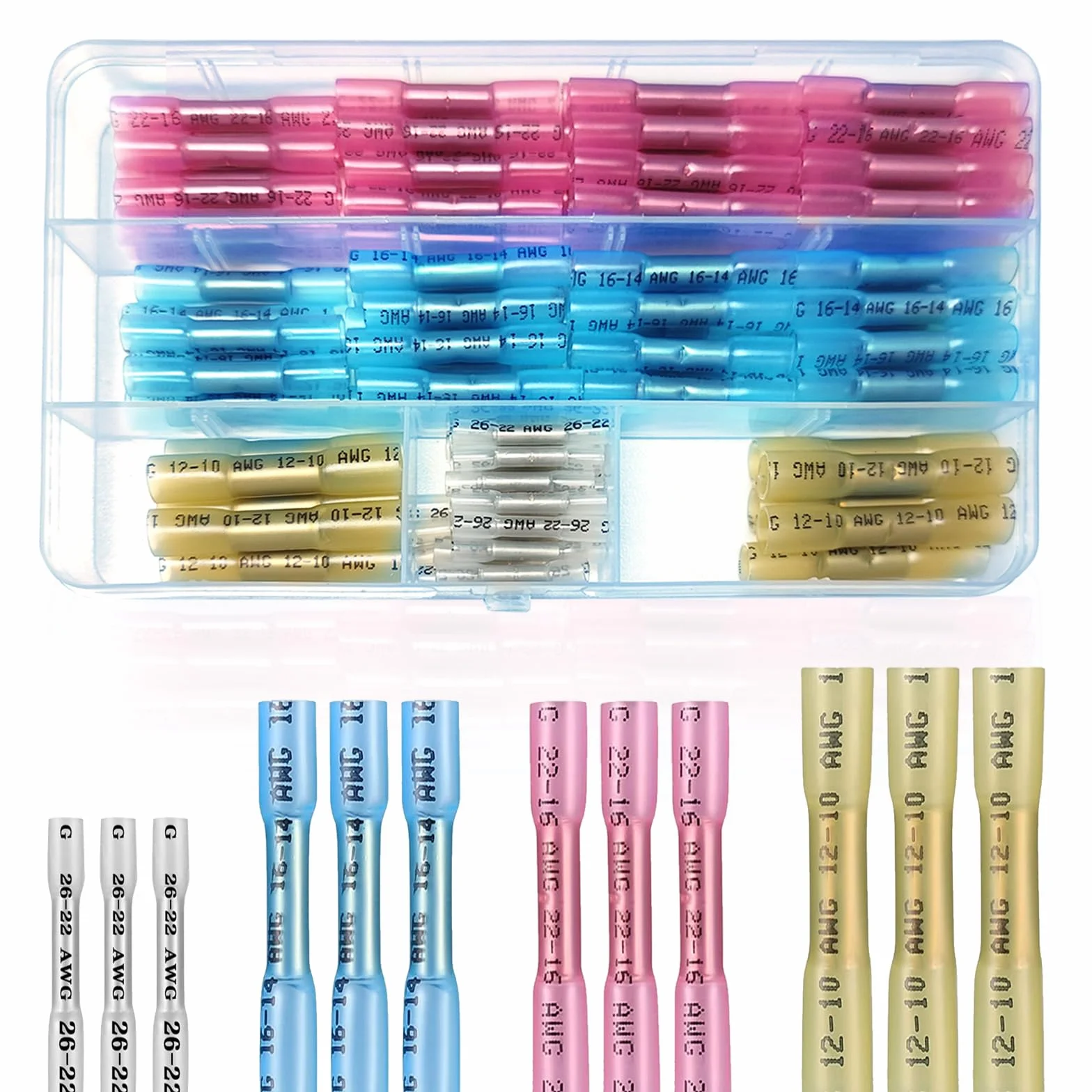 100 sztuk łączników termokurczliwych 10-26 AWG, łączniki kablowe, wodoodporne, złącze zaciskowe z pudełkiem do przechowywania, złącza stykowe, końcówki kablowe, zestaw łączników lutowniczych – biały,