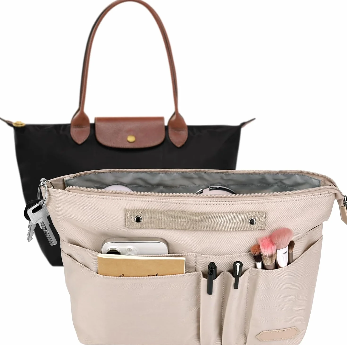 GADITIEK Damski organizer do torebki dla kobiet, torby typu tote, poliestrowy organizer z wieloma przegródkami i zamkiem błyskawicznym na torby Longchamp Le Pliage m i nie tylko... (beżowy, M)