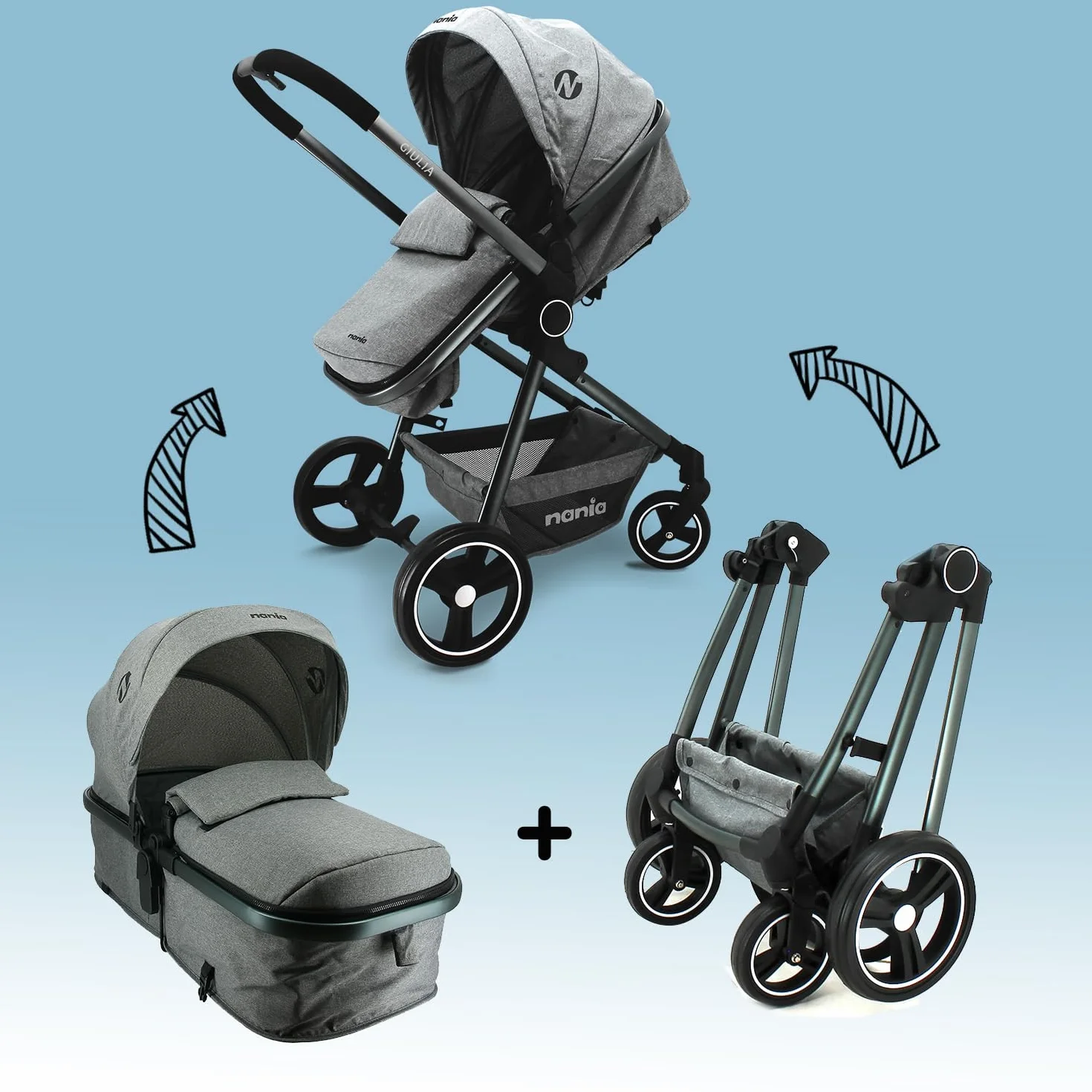 Nania GIULIA wózek kombi 3 w 1, wózek dziecięcy od 0 do 36 miesięcy, składany i odchylany + fotelik samochodowy BEONE EVO i-Size 40-85 cm - Grupa 0+ (0-13 kg), tył drogi + torba na pieluchy, pokrowiec