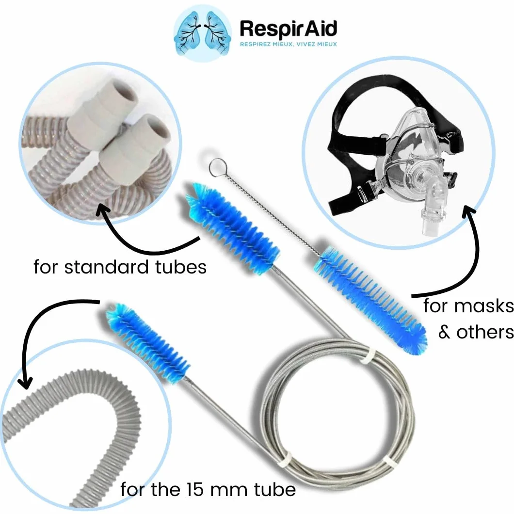 Zestaw czyszczący CPAP RespirAid: Szczotki do węży CPAP 15x19mm, torba ochronna na maskę CPAP, uchwyt i zestaw do maski bezdechu sennego. Kompatybilny ze wszystkimi maszynami CPAP i maskami CPAP