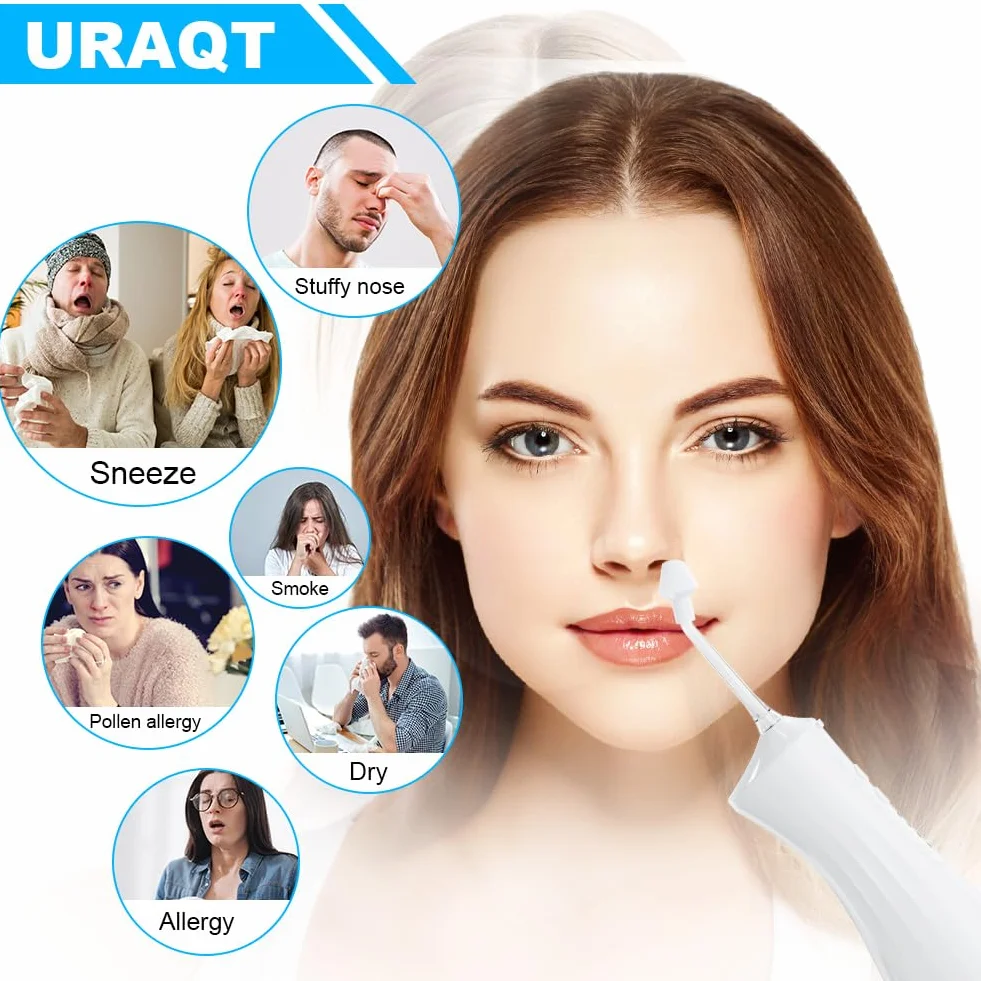 URAQT Neti Pot Elektryczny środek do czyszczenia nosa, zestaw do płukania zatok Neti Pot z 40 pakietami soli do mycia nosa i 4 wymiennymi końcówkami, płukanie zatok nosowych dla dorosłych i dzieci