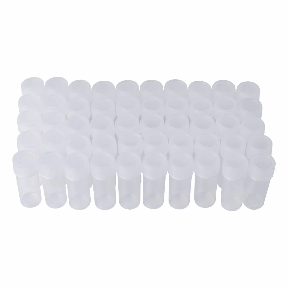 50szt 5ml Plastikowe butelki na próbki, małe, przezroczyste butelki, podróżne plastikowe probówki, nakrętki do fiolek, przezroczyste nakrętki z uszczelką