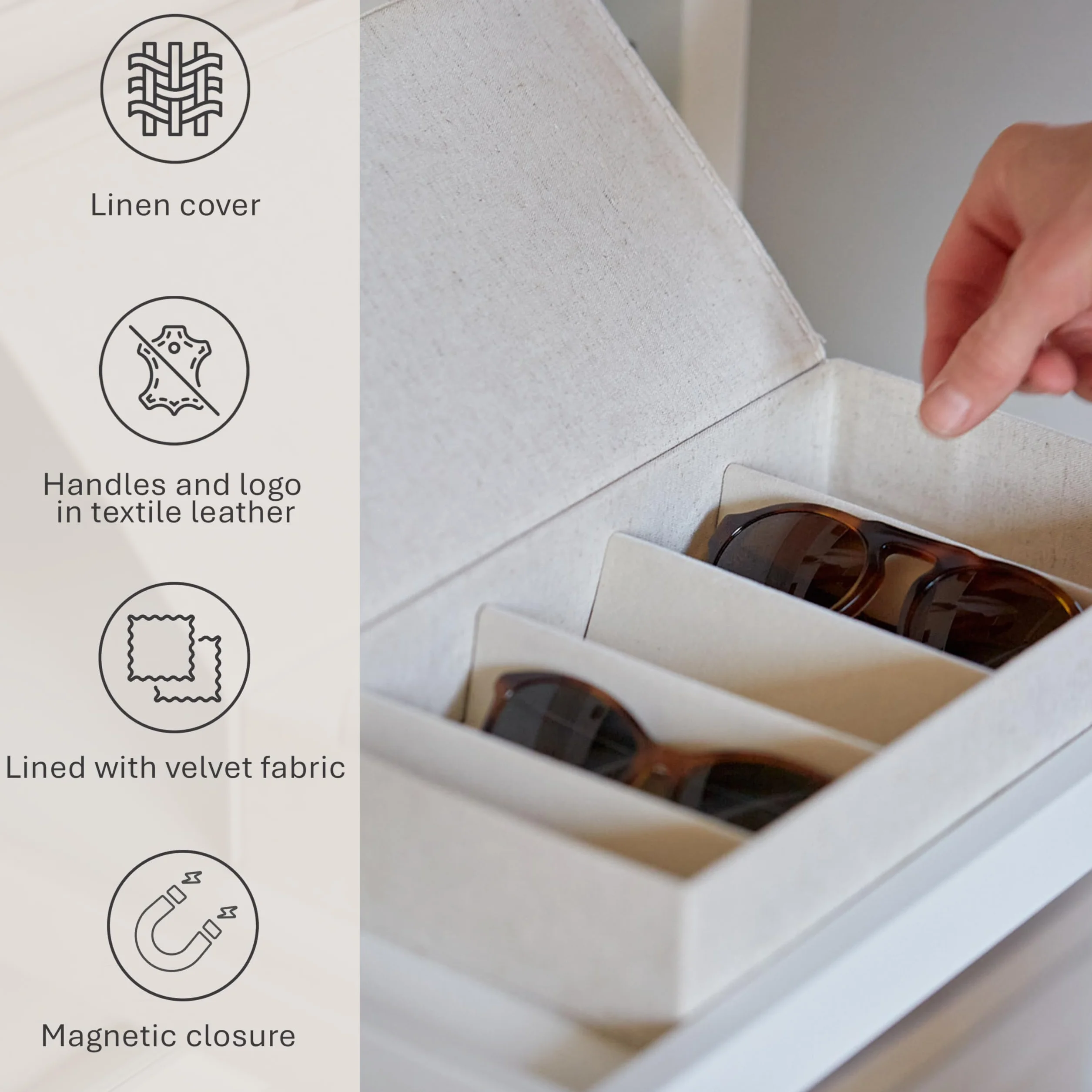 LOVE IT STORE IT Premium pudełko do przechowywania okularów – pudełko na okulary z mieszanki lnu i bawełny, wewnątrz aksamitu, wzmocnione drewnem, z 5 przegródkami, kolor beżowy, 30 x 17 x 6 cm