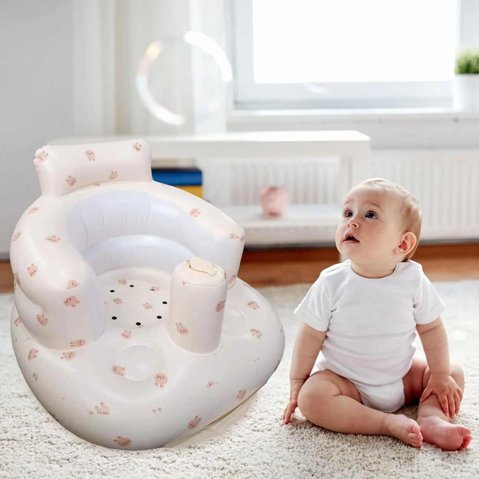 Pomoc do siedzenia dla niemowląt, Nadmuchiwany fotelik dla niemowląt, Inflatable Baby Seat dla niemowląt od 3 miesięcy, Fotelik do kąpieli dla niemowląt, Built-in Air Pump, Anti-Fall Składany
