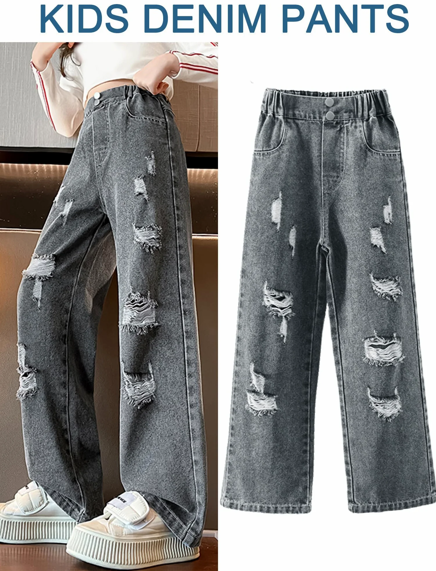 FEOYA Dziewczęce spodnie dżinsowe dla dzieci, spodnie dżinsowe, szerokie nogawki, streetwear z kieszeniami, dla nastolatków, vintage, Y2k, Baggy, jeansy Wide Leg 120-170