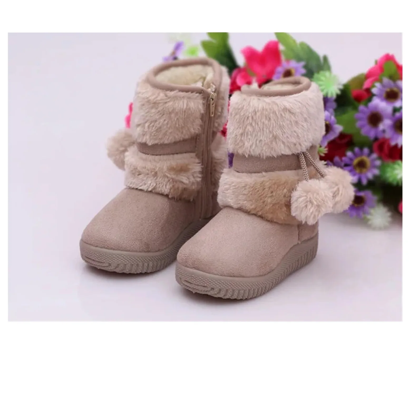 Girls Children Snow Boots – Comfortable Thick Warm Kids Boots with Lobbing Ball Design, Cute Autumn Winter Boots(Beige,21)