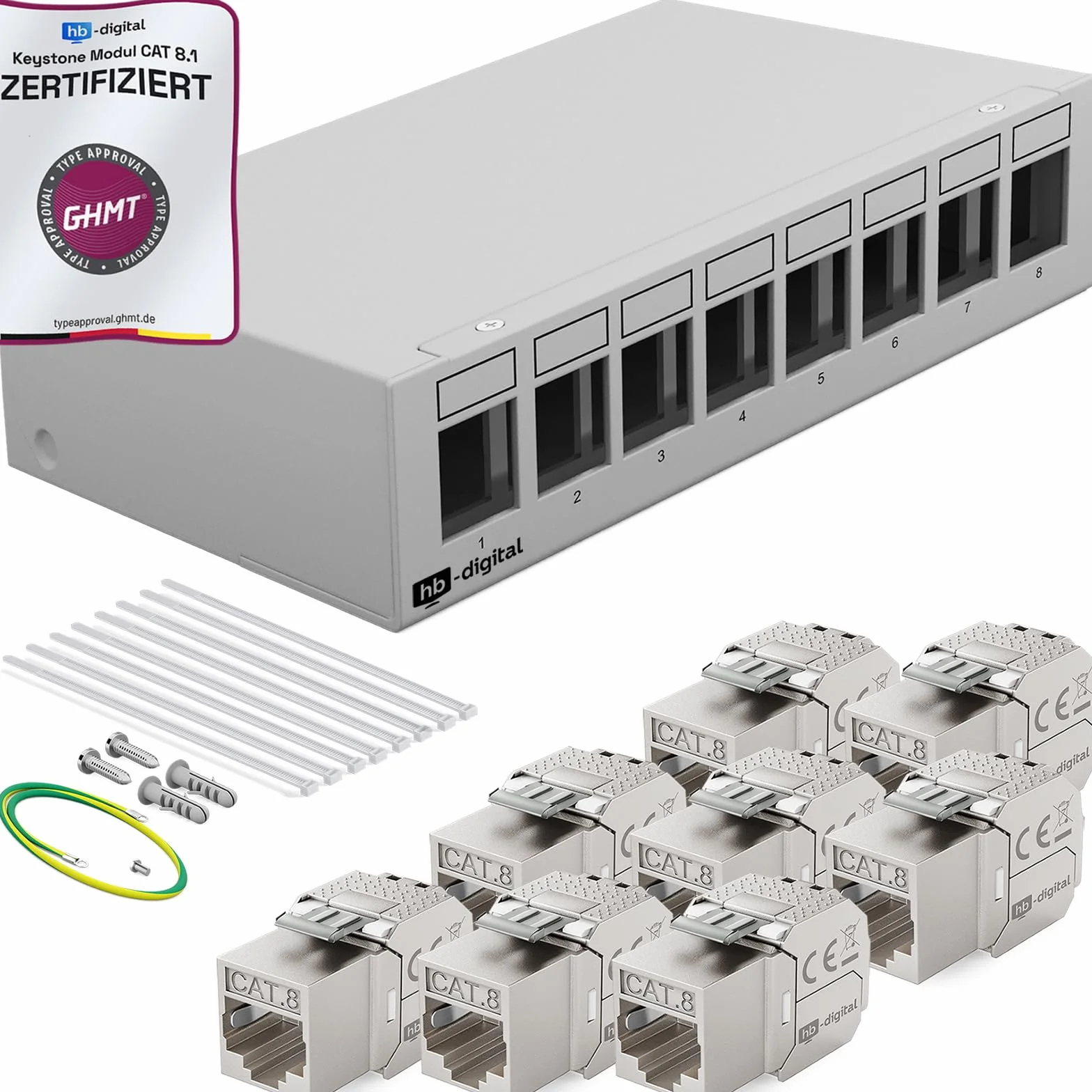 HB-DIGITAL Zestaw: 8-portowy panel krosowy obudowa do modułów Keystone + 8 x Cat.8 Keystone RJ45 gniazdo Jack do instalacji sieciowej kompatybilne z kablem instalacyjnym LAN Ethernet | jasnoszary