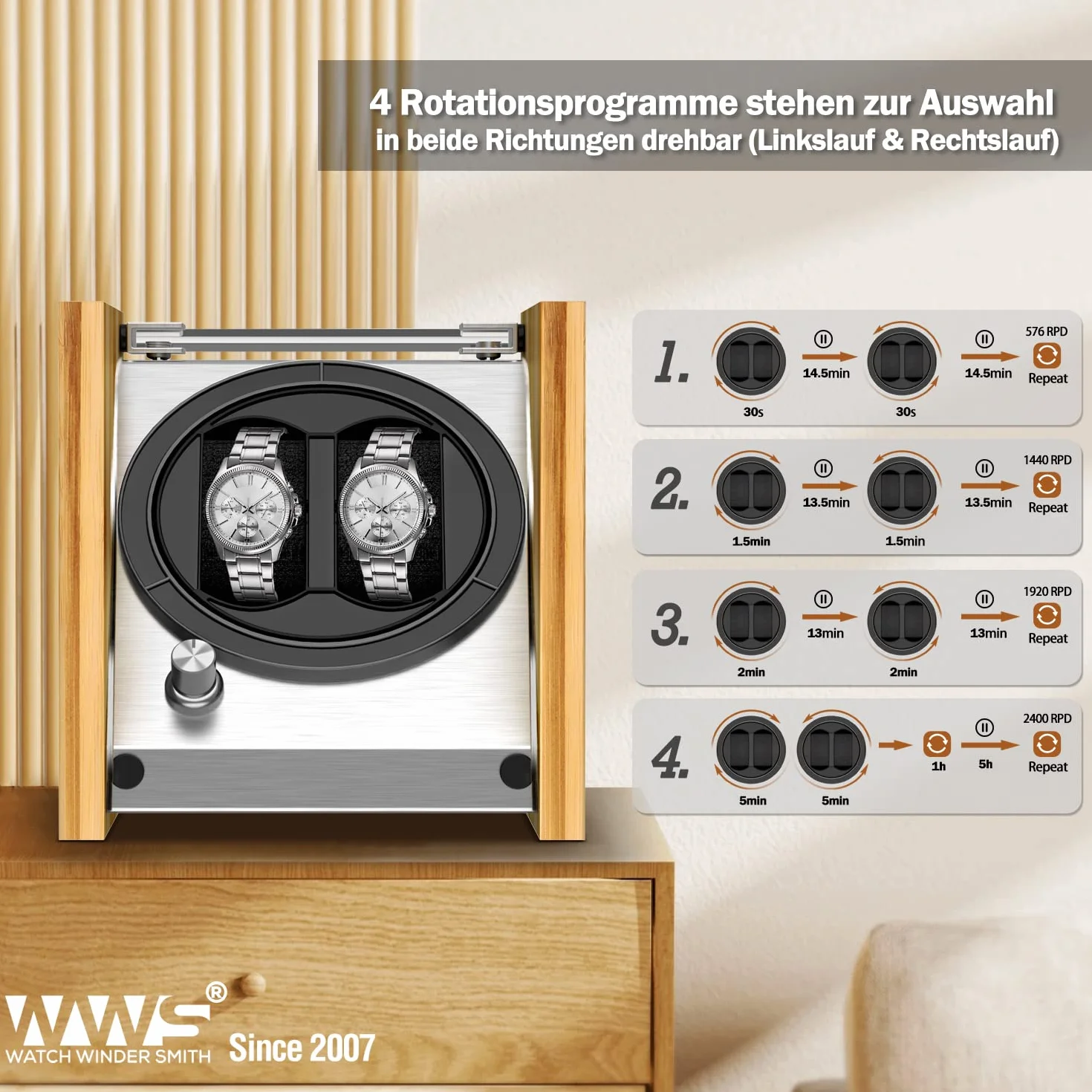 Smith WWS-B1BAM Watch Winder rotomat z drewna bambusowego na 2 zegarki