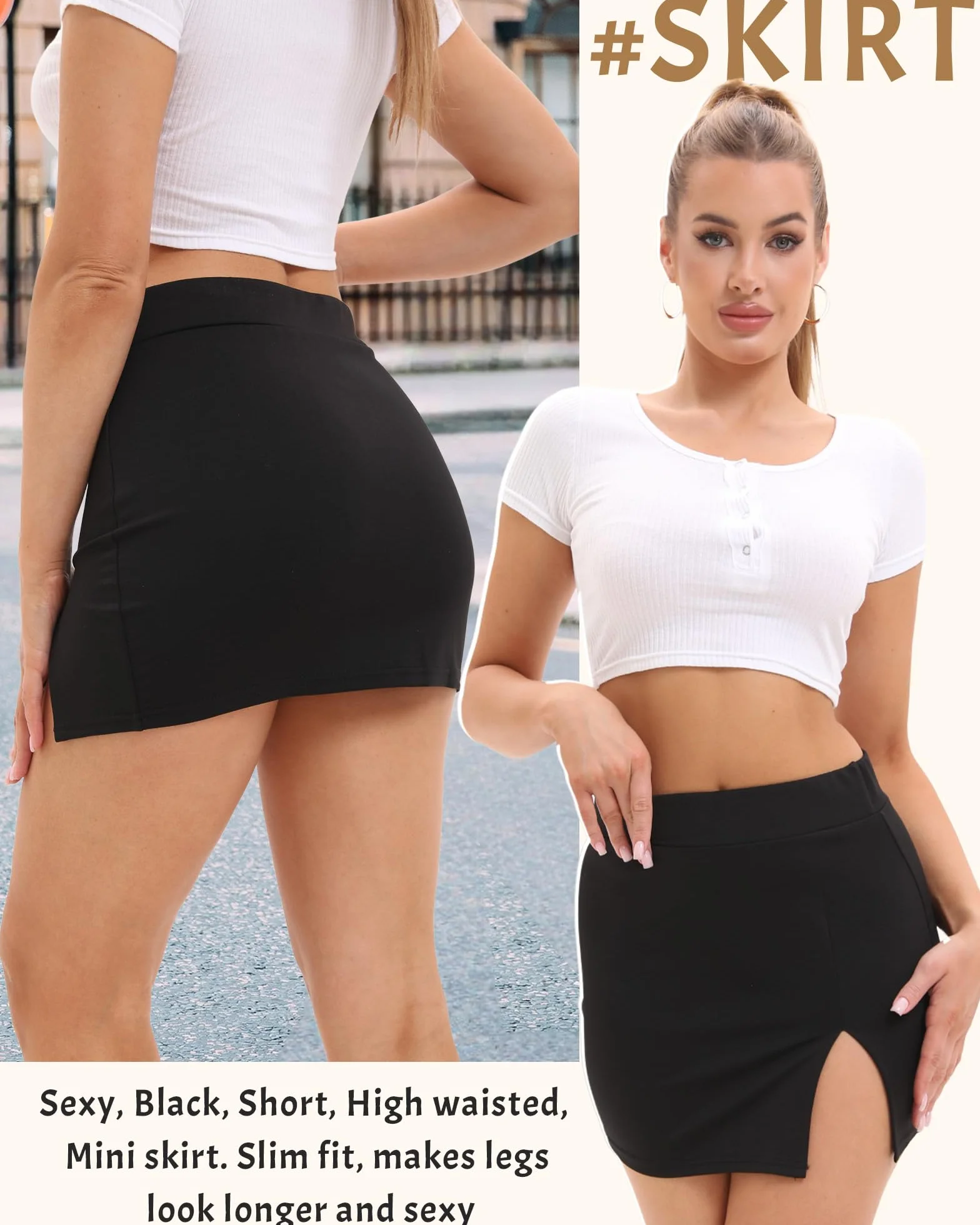 Damska mini spódnica ołówkowa z wysokim stanem rozcięcie czarna bodycon