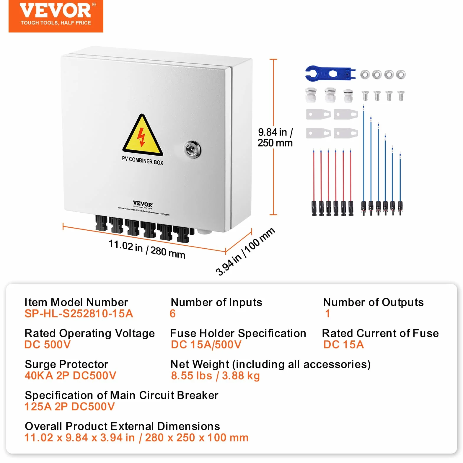 VEVOR PV, 6-strunowa skrzynka z łącznikiem solarnym z bezpiecznikiem prądu znamionowego 15 A, wyłącznik mocy 125 A, odgromnik i przyłącze solarne, stalowa obudowa do systemu paneli słonecznych