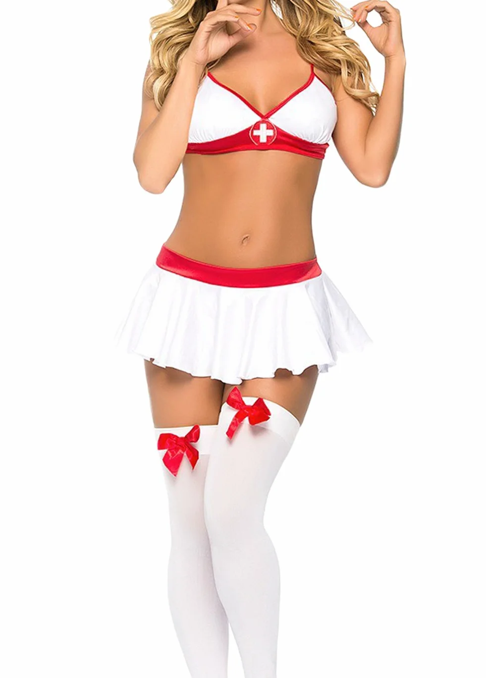 DELEY Kobieta Pielęgniarka Sexy Bielizna Zestaw Tentation Noc z Pończochami Babydoll Pokój Cosplay Pielęgniarka Kostiumy, Biały / Czerwony, rozmiar uniwersalny