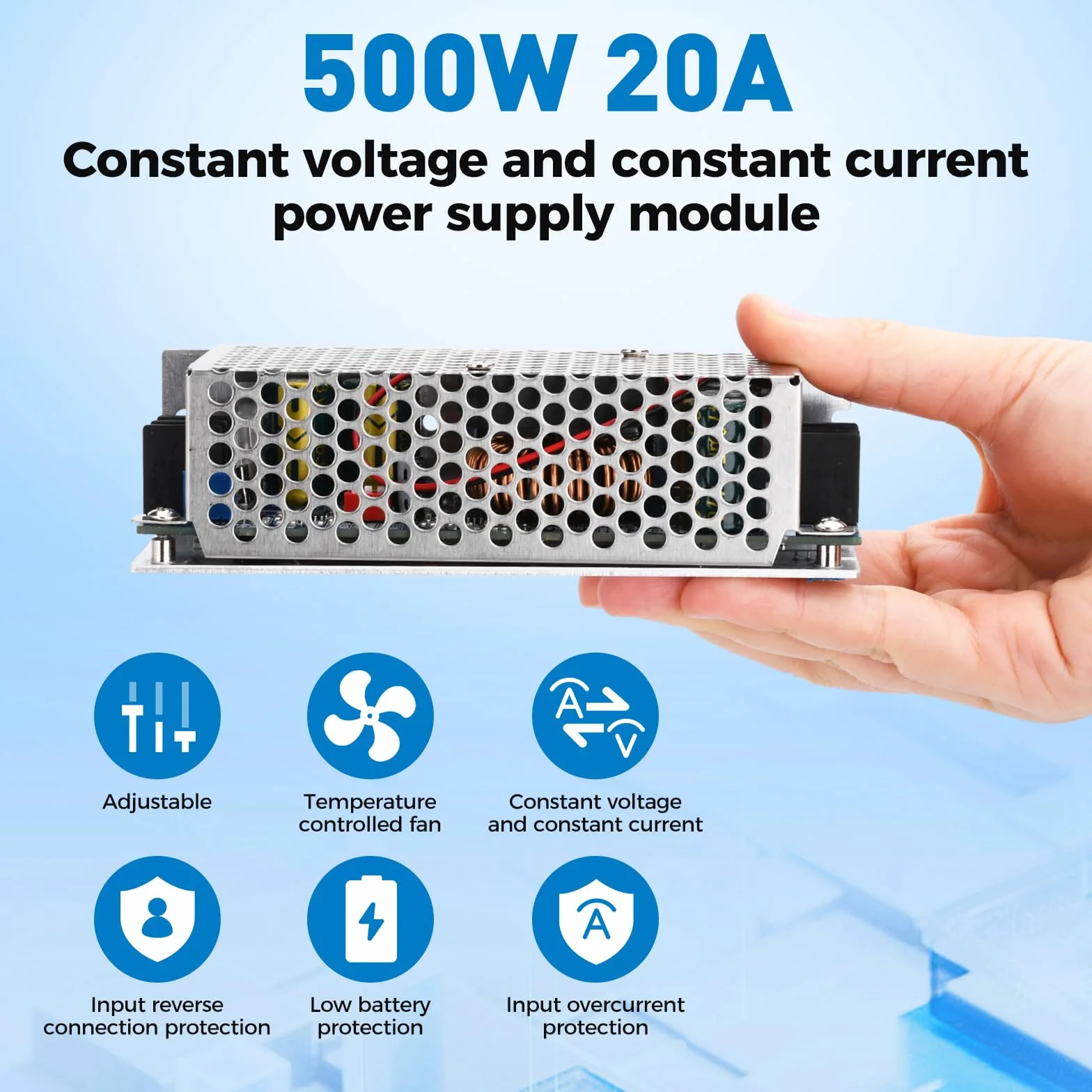 DC-DC regulowany Boost Converter 500 W, 20 A, stałe napięcie, moduł zasilający z ochroną przed odwrotną polaryzacją i regulacją temperatury.
