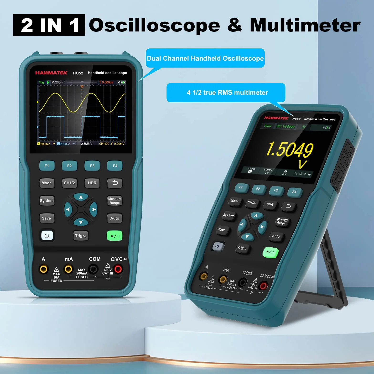 Hanmatek oscyloskop cyfrowy, ręczny oscyloskop cyfrowy HO52, szerokość pasma 50 MHz, 2-kanałowy oscyloskop 2 w 1 i multimetr mini oscyloskop