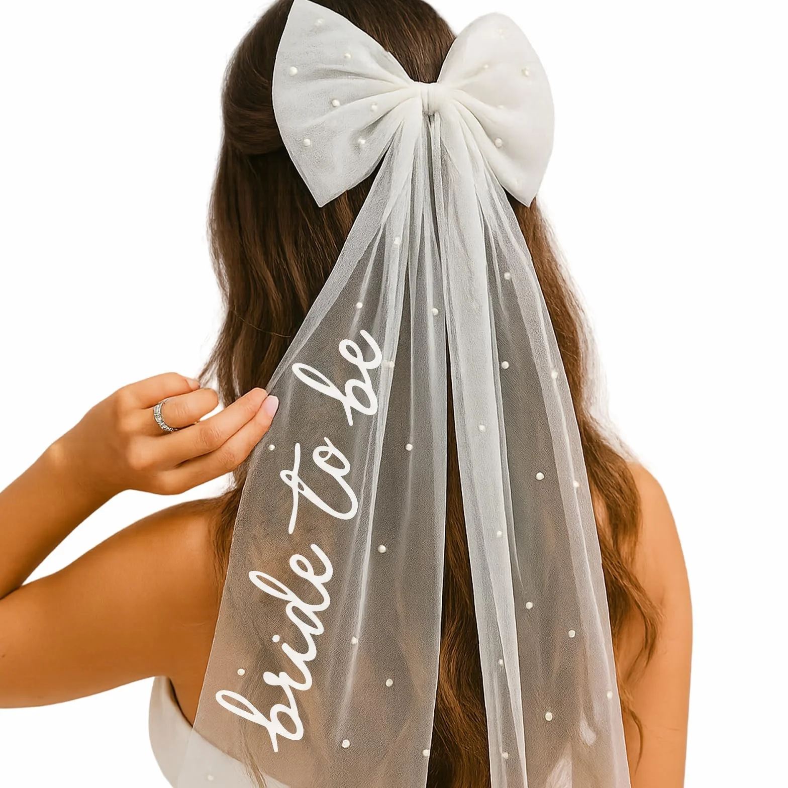 Bride to Be Bow Veil with Pearls, White Bridal Hair Bow Clip with Veil für Bachelorette, Bridal Shower, Wedding Morning