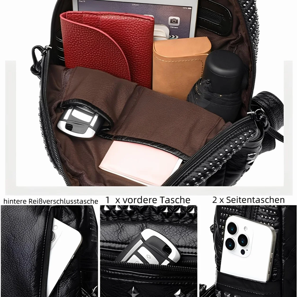 Rivet Design Luxe czarny plecak ze skóry PU torba na ramię wypoczynek torba podróżna torba szkolna plecak dla nastolatek dziewcząt, Czarny, M, Plecaki tornistry