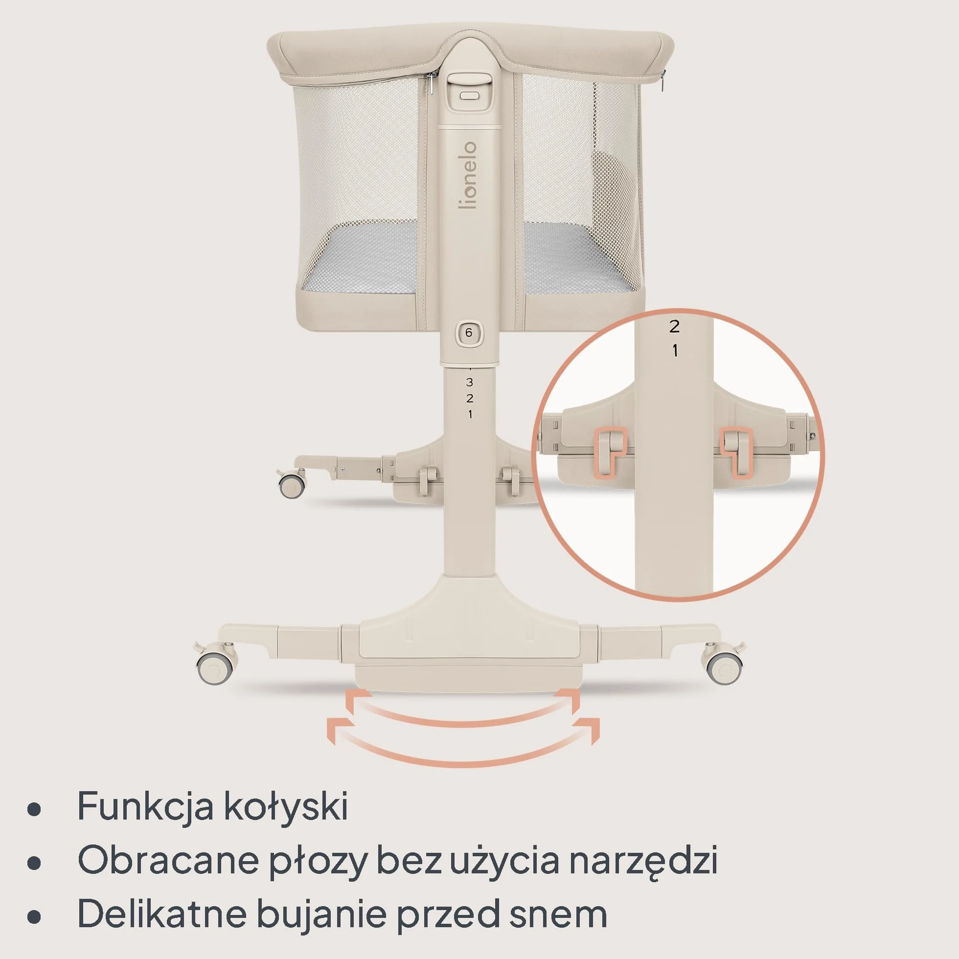 lionelo PARI łóżeczko nocne, łóżeczko dziecięce, 3 w 1, regulowane łóżeczko nocne, 6 poziomów, kołysanie, pochylany materac, siatka, zamykane kółka, torba podróżna