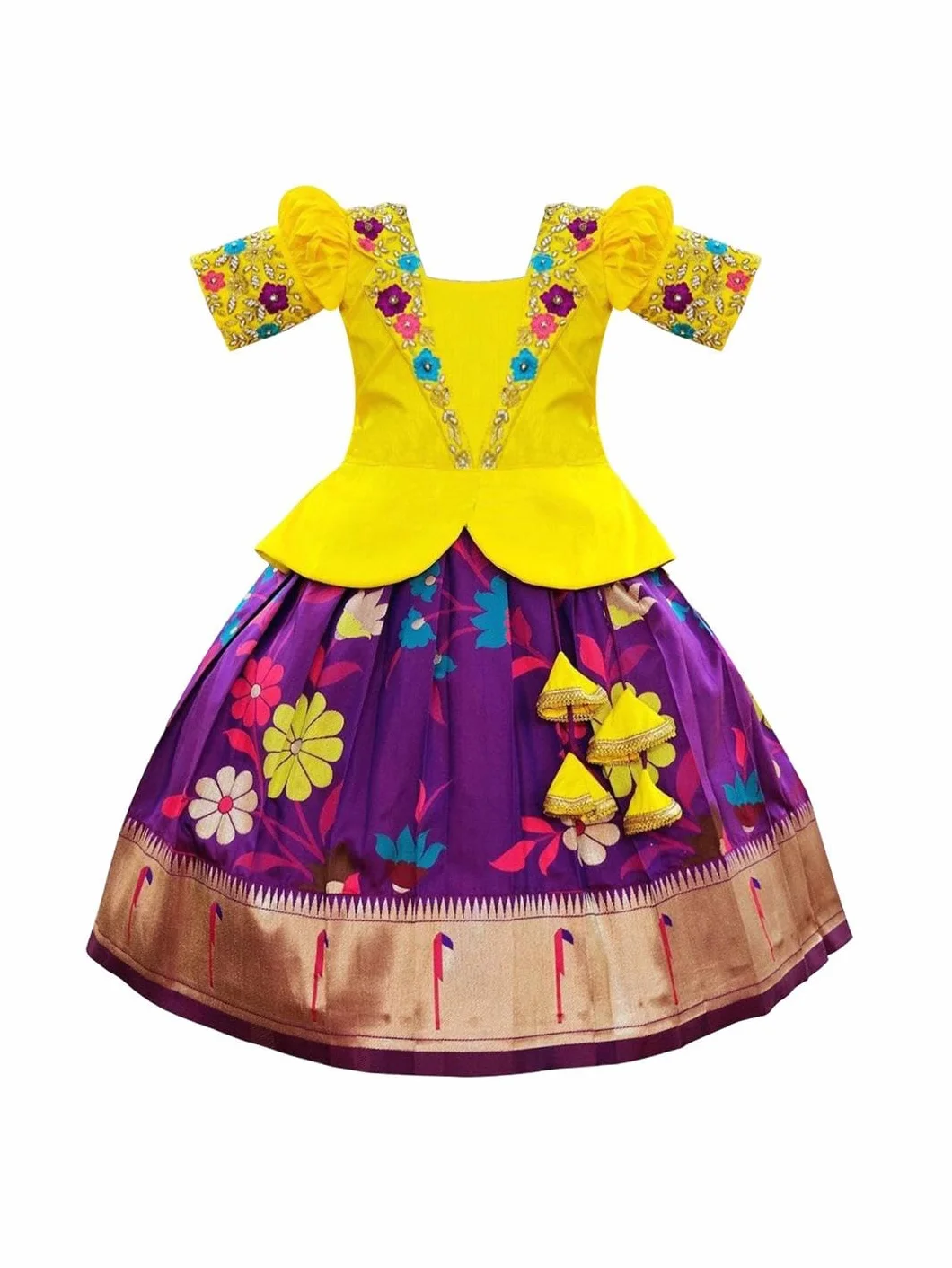 White Button Satin New South Indian Traditional Collar Digital Pattu Pavadai Readymade Lehenga Choli For Girl's Dress