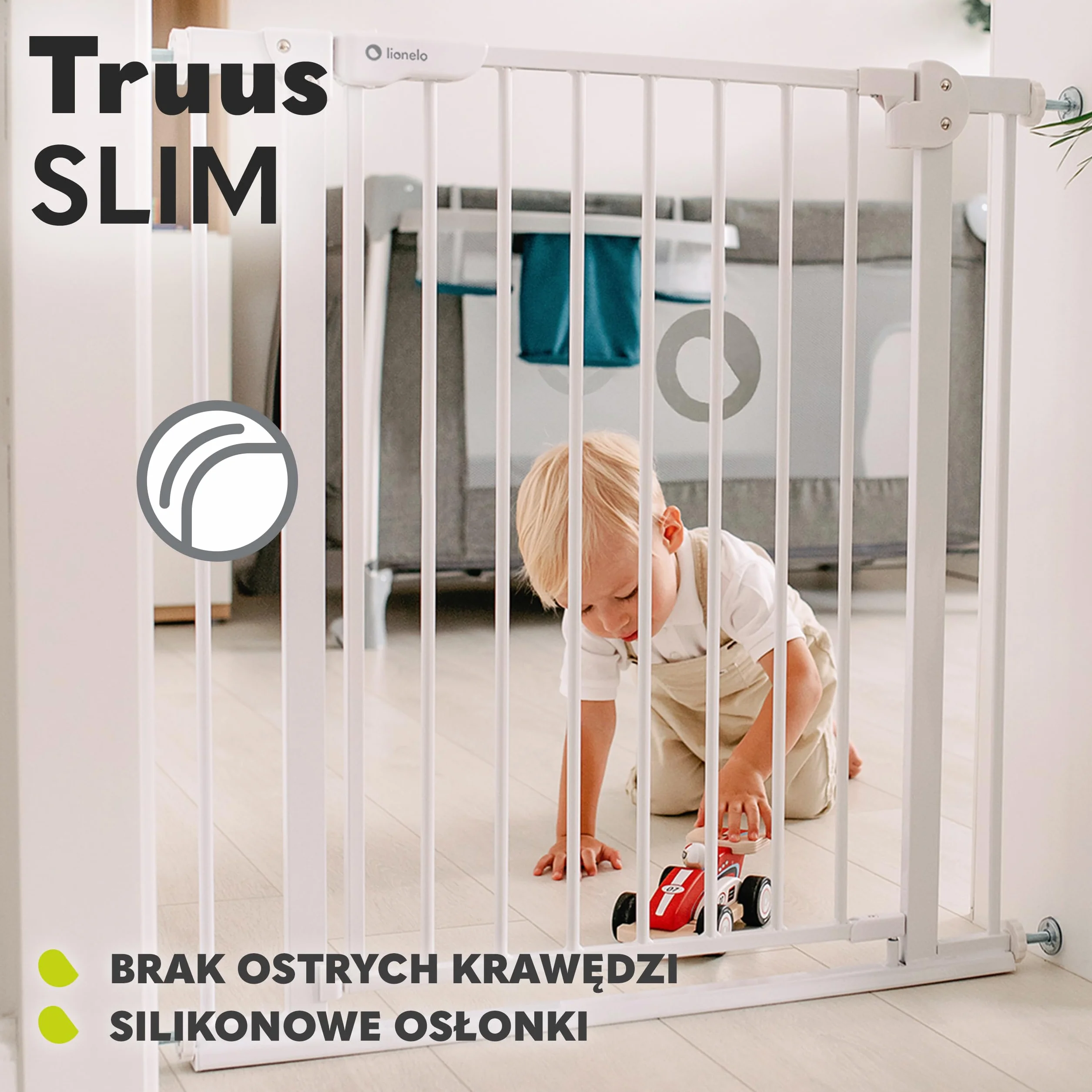 LIONELO Truus Slim kratka ochronna do drzwi dla niemowląt, do zaciskania 75-105 cm, biała, 5 kg, regulowana szerokość, silikonowe osłonki, funkcja AutoStop i samozatrzasku