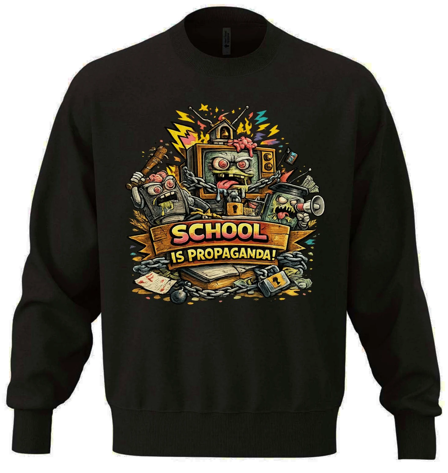 Chaotic Media and Education Commentary Unisex Oversize Mieszanka Bawełny Ciężka Bluza Czarna