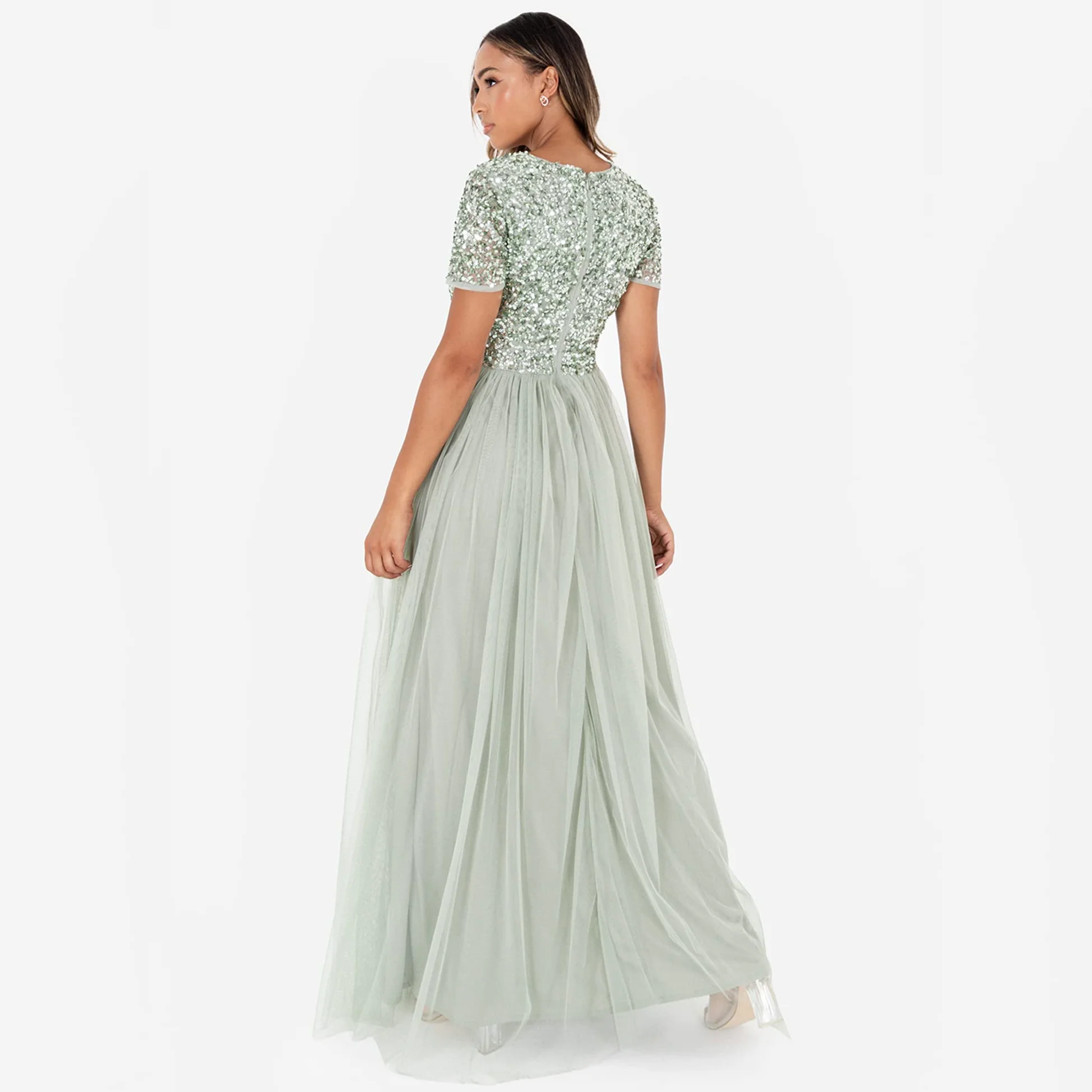 Maya Deluxe Sukienka druhny Kobiety Maya Deluxe Green Lily V Neckline Embellished Maxi Dress