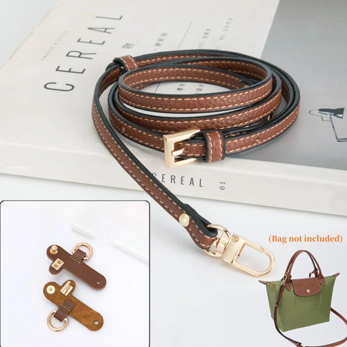 Skórzany pasek na ramię do torebki Longchamp, brązowy, mini Bag Straps z 2 adapterami, 1,2 cm