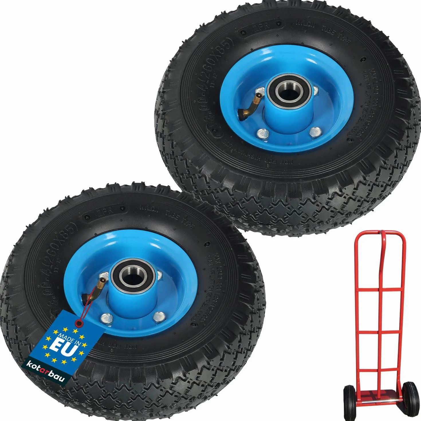 KOTARBAU® Zestaw 2 kół do wózka transportowego, koła do wózka transportowego z pełnymi oponami gumowymi 260 x 85 mm 3.00-4, wzmocnione, 4PR, koła kompletne, opony do wózka transportowego, koła