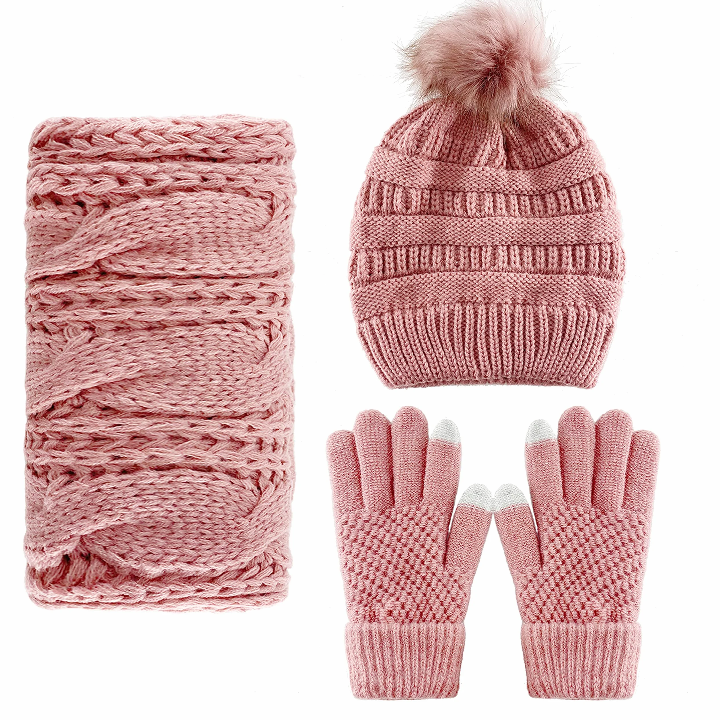CheChury Czapka z dzianiny, czapka zimowa, szalik, zestaw beanie, dzianina polarowa, pompon, ekran dotykowy, rękawiczki, zestaw zimowy, szal kombi, zestaw pętli, gruby szal damski, prezent, akcesoria