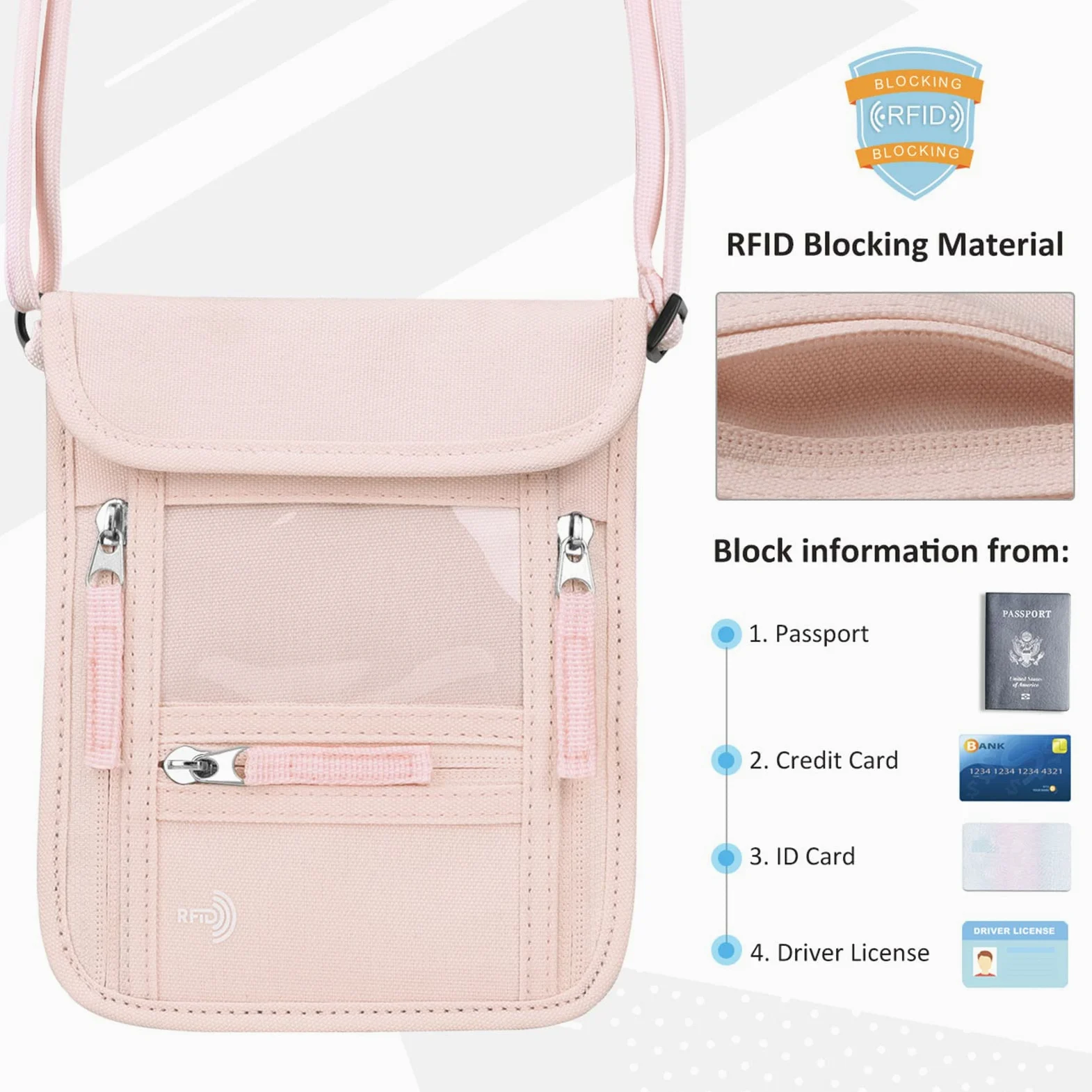 WALNEW Passport Holder Neck Pouch Travel Wallet for Women and Men, RFID Blocking Security Slim Traveling Wallet with Around Neck Lanyard Strap, Pink