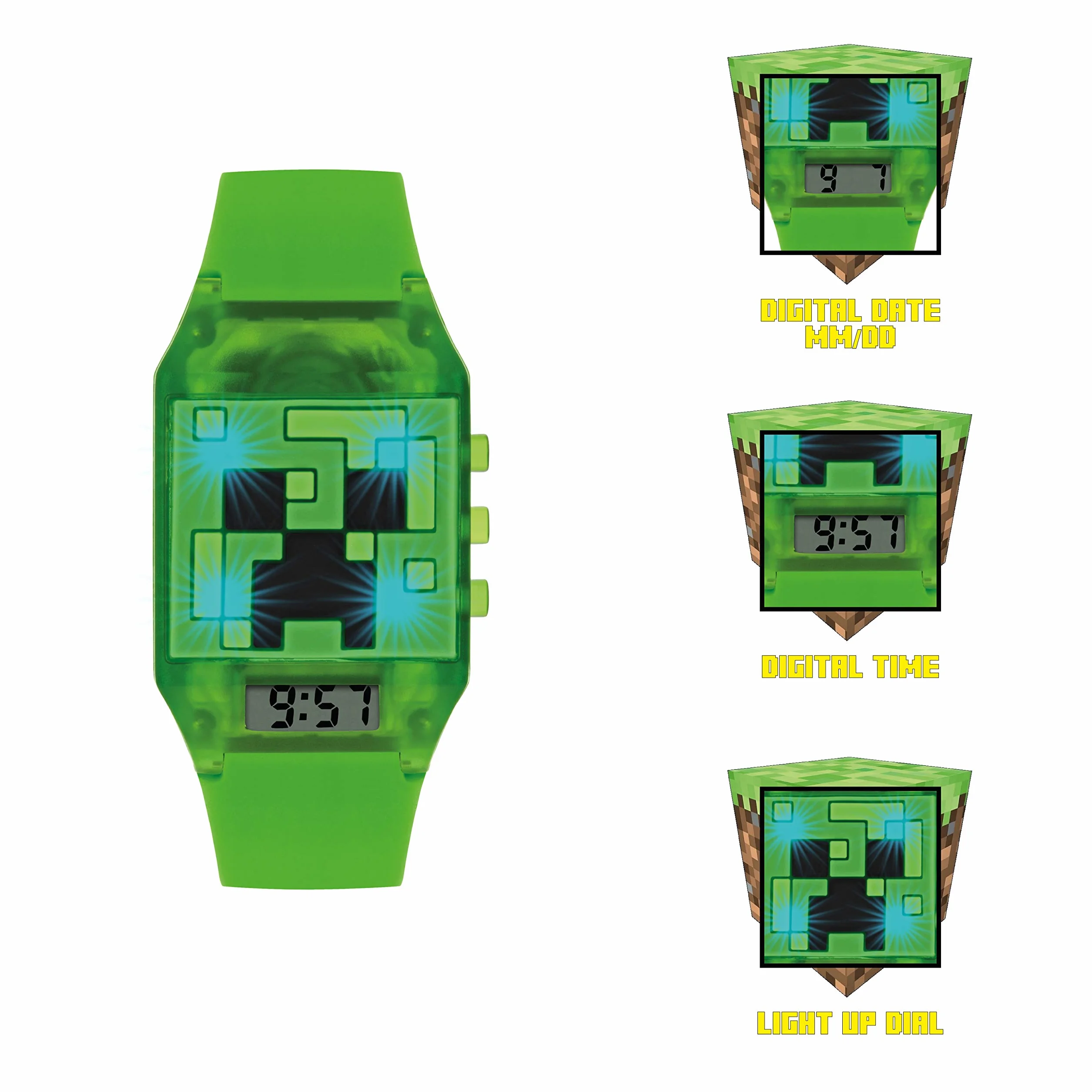 Minecraft Unisex Dziecięcy cyfrowy analogowy zegarek kwarcowy z gumowym paskiem MIN4014, ZIELONY, pasek