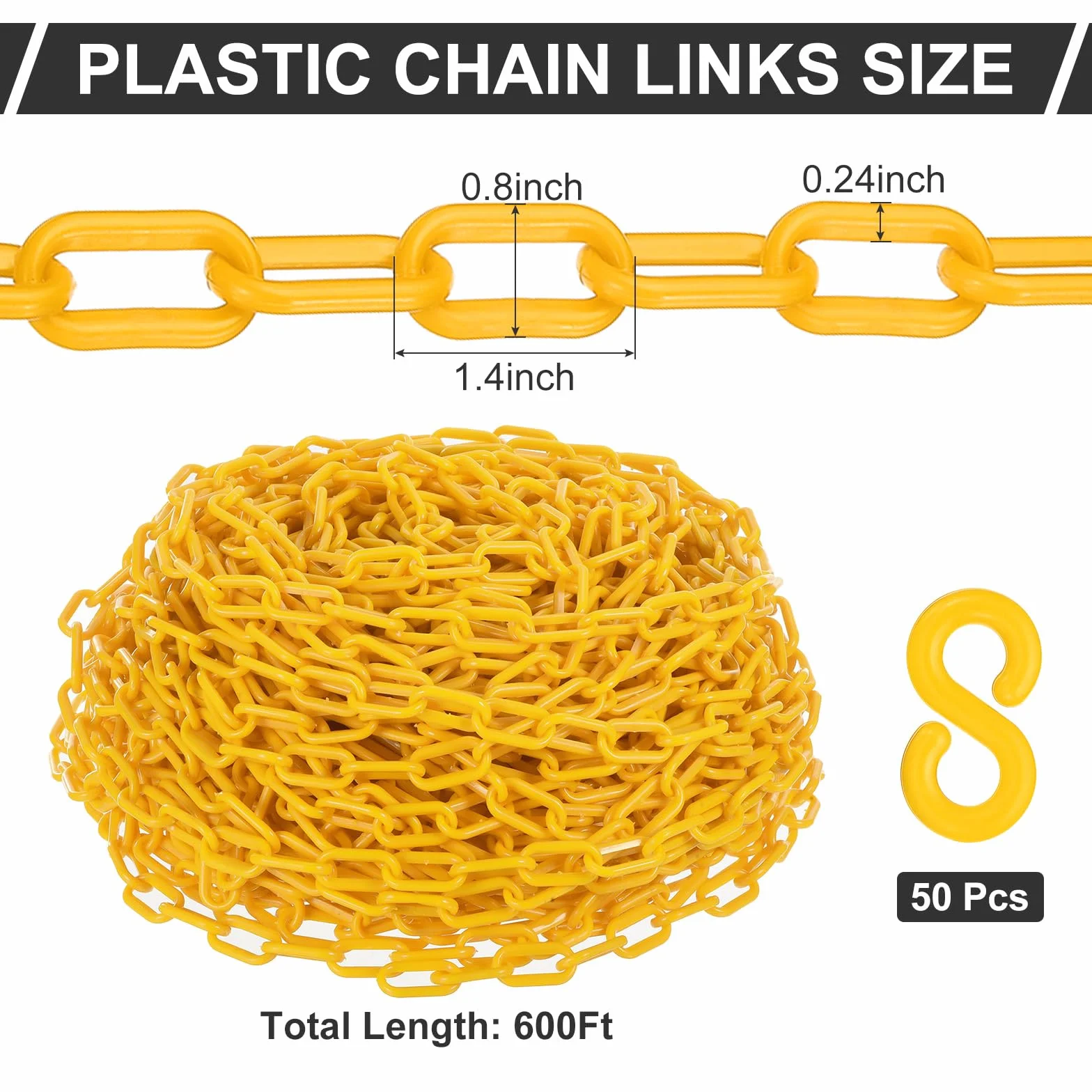 PATIKIL Plastikowy łańcuch, 600 stóp łańcuch bezpieczeństwa kontrola tłumu, 1/4" (6 mm) żółte plastikowe łańcuchy do ogonów, parkingu, ogrodzenia, bramy, koncertów i dekoracji