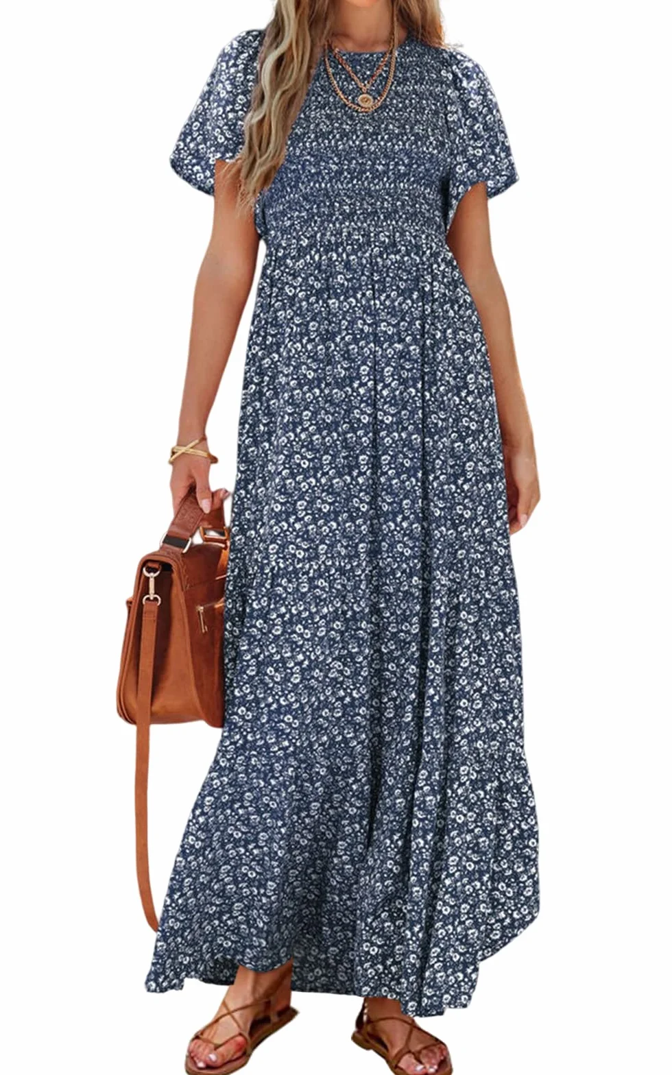 PRETTYGARDEN Women's Floral Maxi Dress Round Neck Short Flutter Sleeve Smocked Ruffle Flowy Tiered Boho Dress Navy Medium