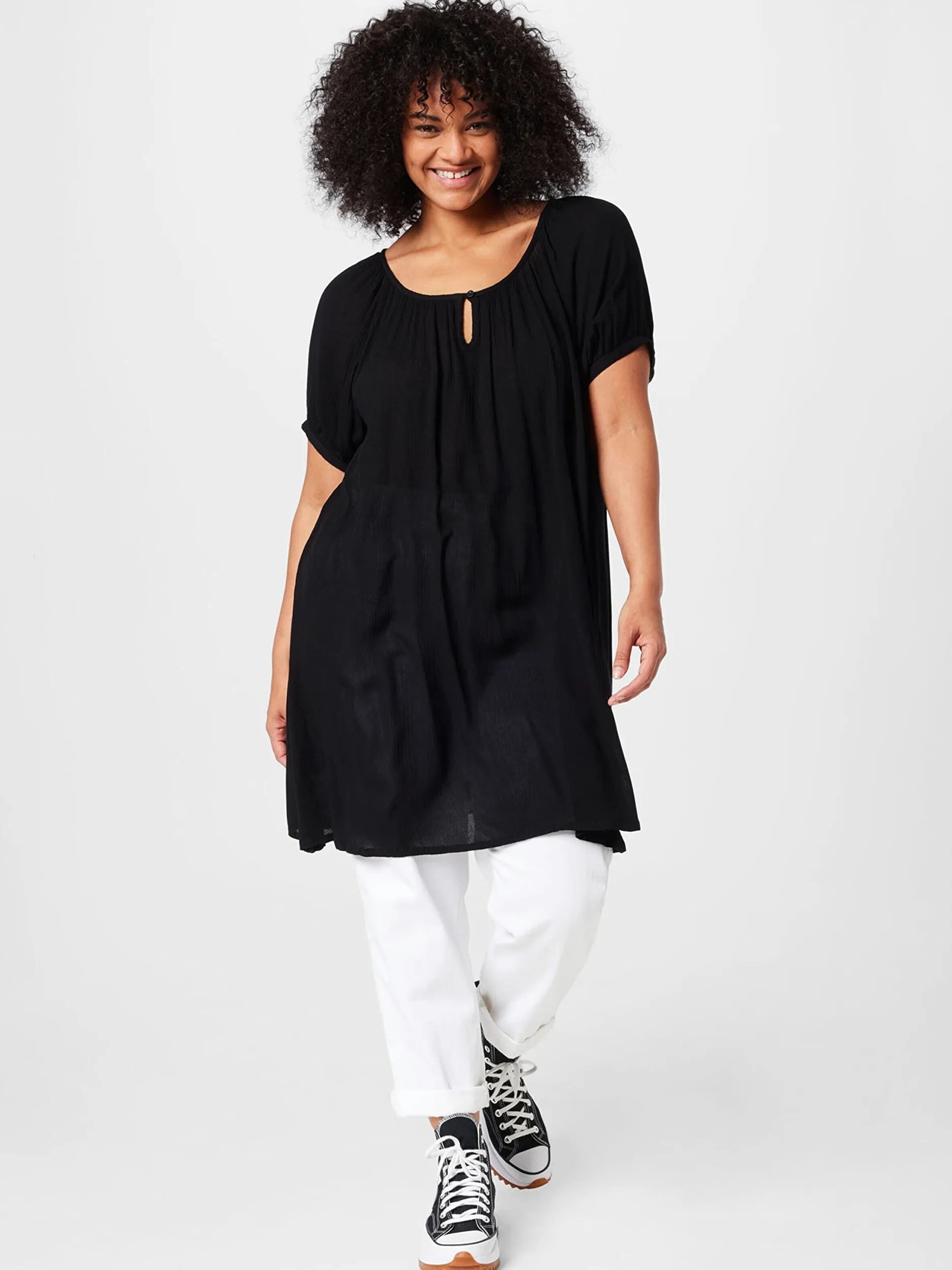 Kaffe Curve Plus Size damskie Tunic krótkie rękawy z okrągłym dekoltem zrelaksowany krój, Głęboka czerń, 50/du?y rozmiar