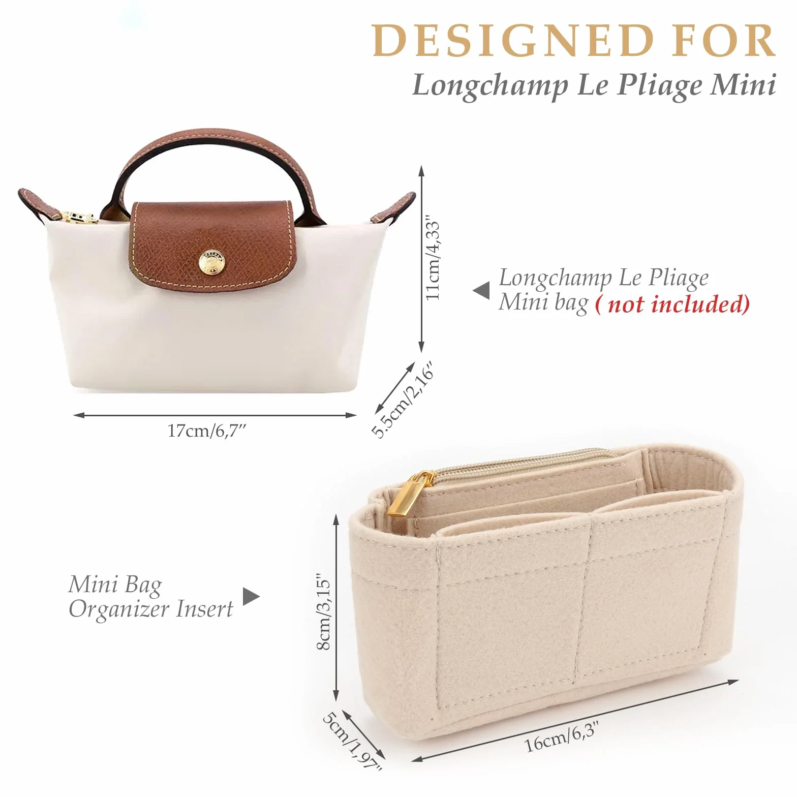 Organizer do torebki Longchamp Le Pliage Mini, z filcu, z wielofunkcyjnymi kieszeniami, duża pojemność