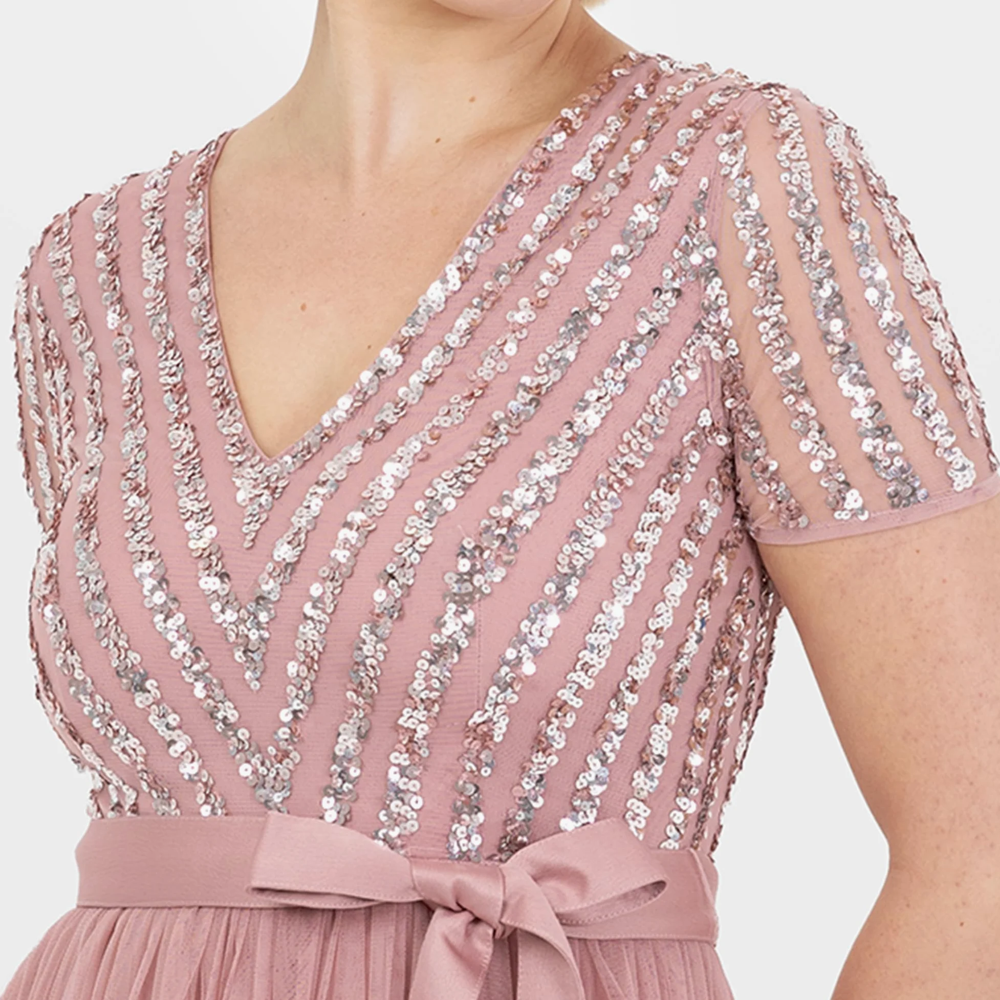 Maya Deluxe Sukienka maxi dla kobiet damska suknia balowa z dekoltem w szpic z krótkim rękawem długa elegancka talia Empire z paskiem vintage róża rozmiar 26, Róża Vinatge, 52