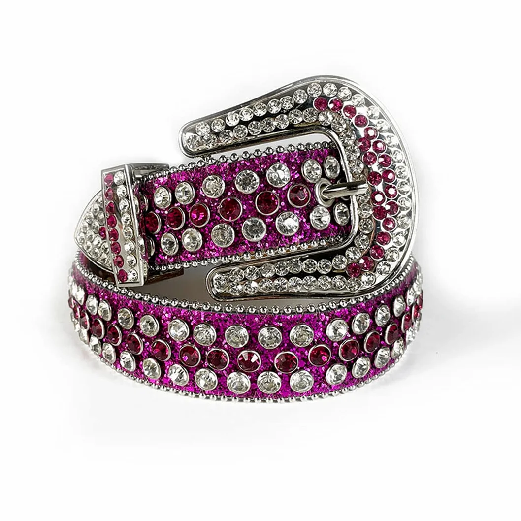 Różowy kryształ górski pasek damski męski jakość kryształ ćwiekowany pasek mężczyzna kobiety Ceinture Femme Cinto De strass do dżinsów deeracyjny fioletowy 111 cm