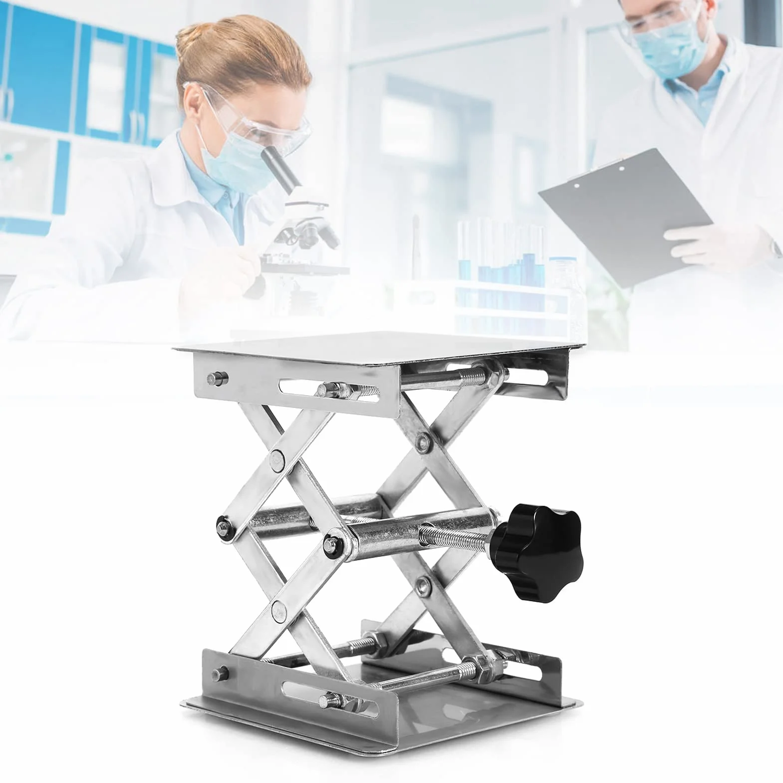 Podnośnik nożycowy laboratoryjny laboratoryjny 10 x 10 cm, laboratoryjny podnośnik ze stali nierdzewnej, stojak nożycowy, podnośnik laboratoryjny, sterowanie ręczne